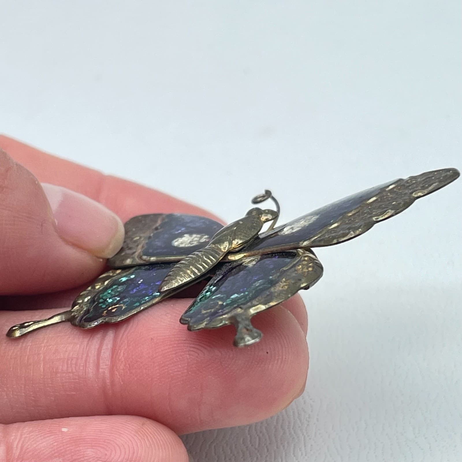 Vintage Gold-Tone Multicolor Patina Dye Enamel Blue Glitter Butterfly Brooch Pin - Thumbnail 5
