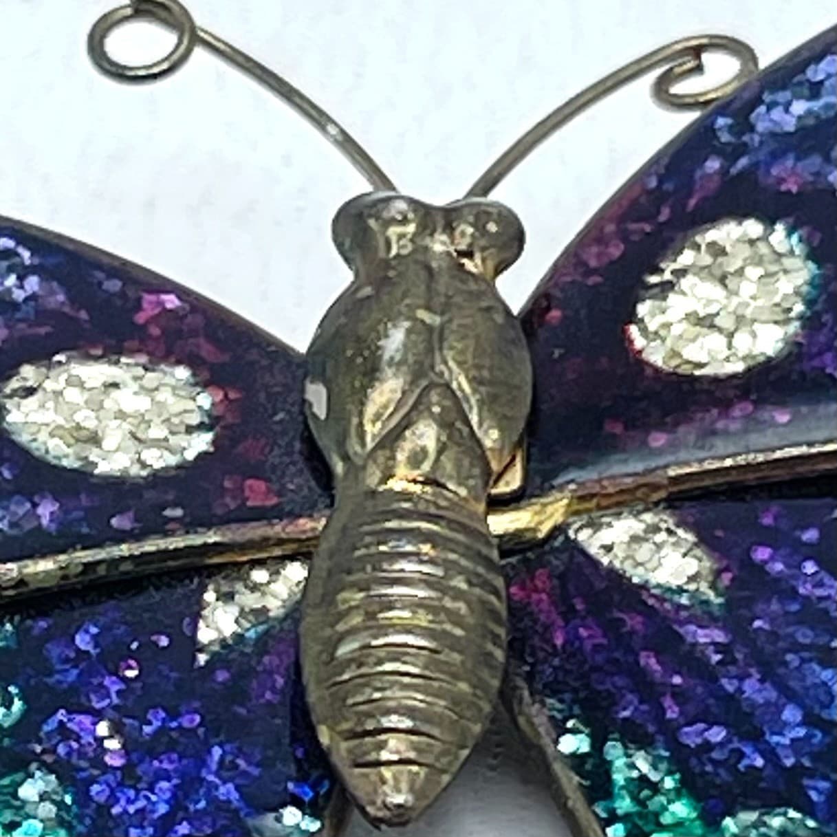 Vintage Gold-Tone Multicolor Patina Dye Enamel Blue Glitter Butterfly Brooch Pin - Thumbnail 4
