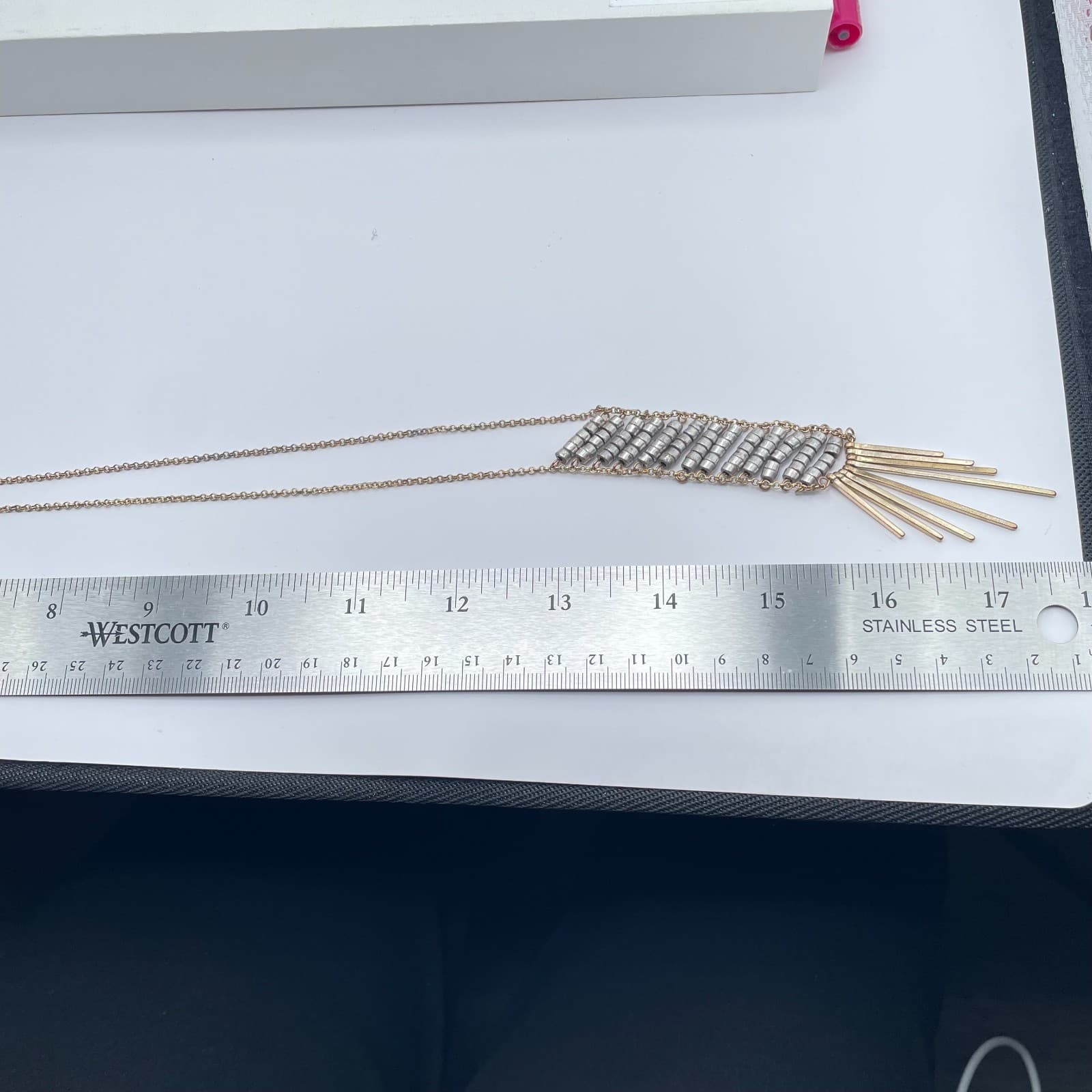 Bohemian Necklace Two-Tone Rolo Link Chain Spikes Fringe Ladder Pendant Lobster - Thumbnail 11