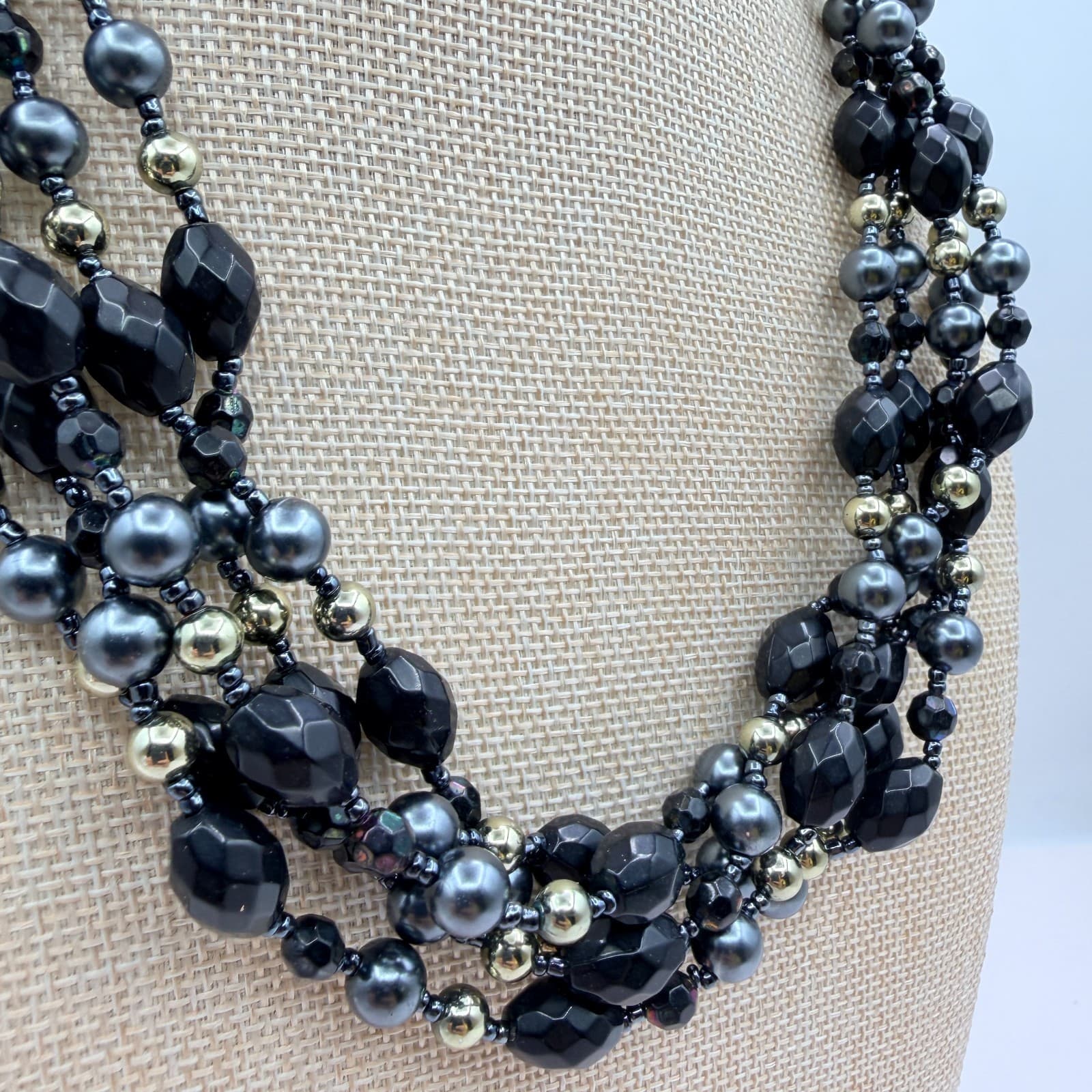 Vintage 90s Multi Strand Black Glass Bead Necklace Gray Faux Pearl Statement - Thumbnail 5
