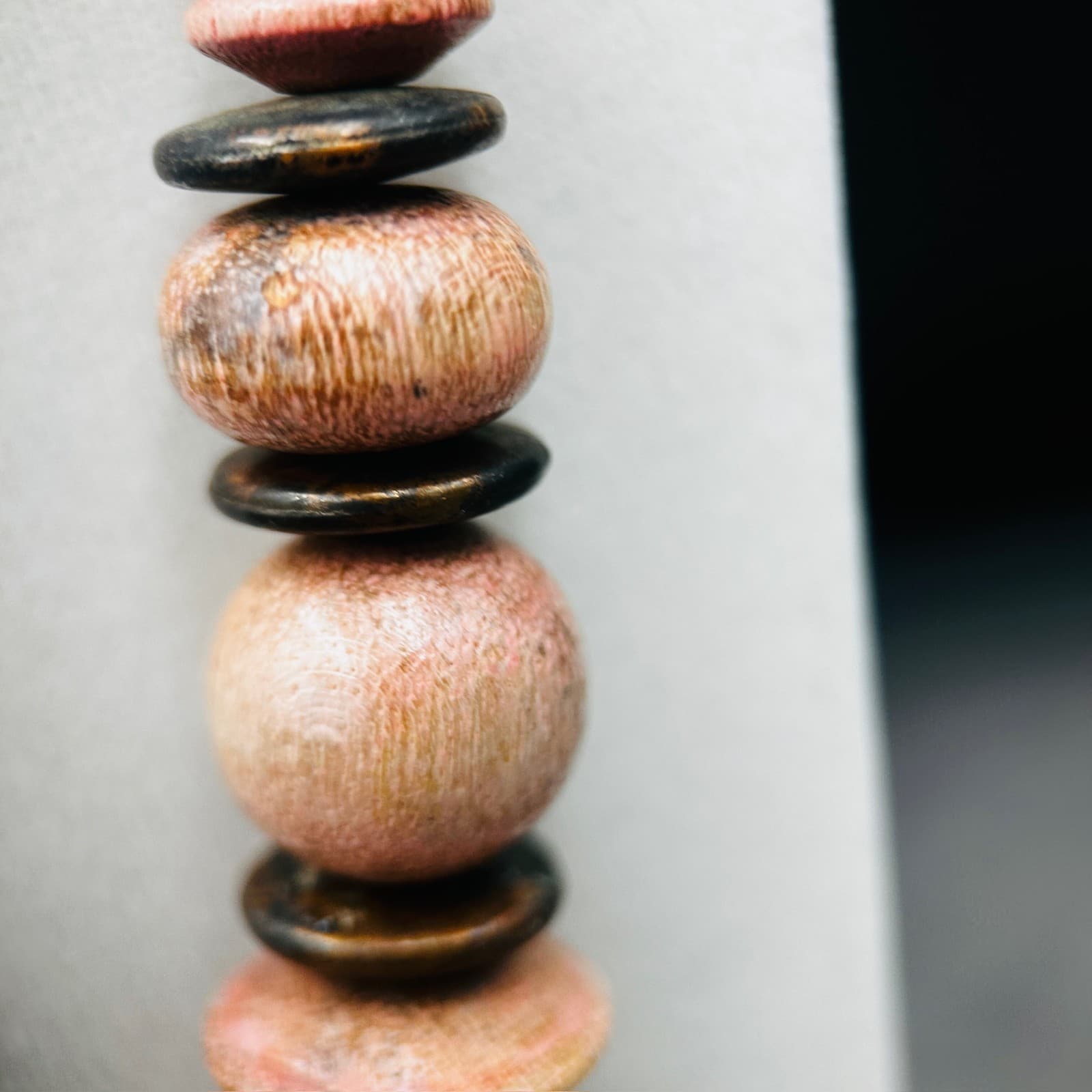 Natural Wood Bead Necklace w/ Layered Disc Accents Boho Earthy Style - Thumbnail 5