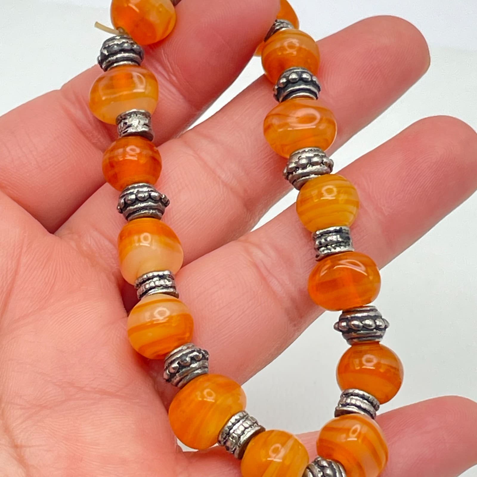 Tibetan-Style Silver-Tone Oxidized Metal Orange Agate Beads Stretch Bracelet - Thumbnail 5