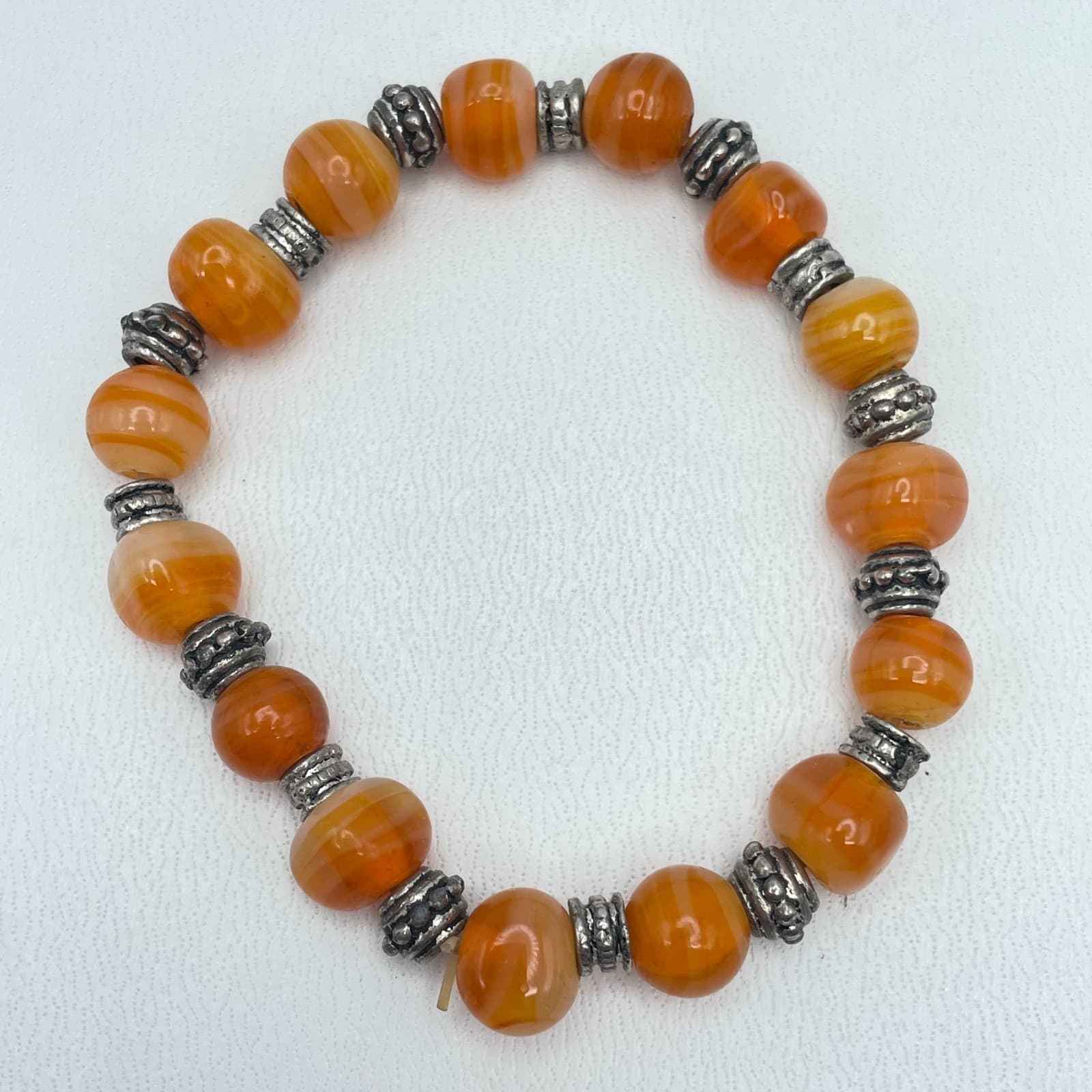 Tibetan-Style Silver-Tone Oxidized Metal Orange Agate Beads Stretch Bracelet - Thumbnail 2
