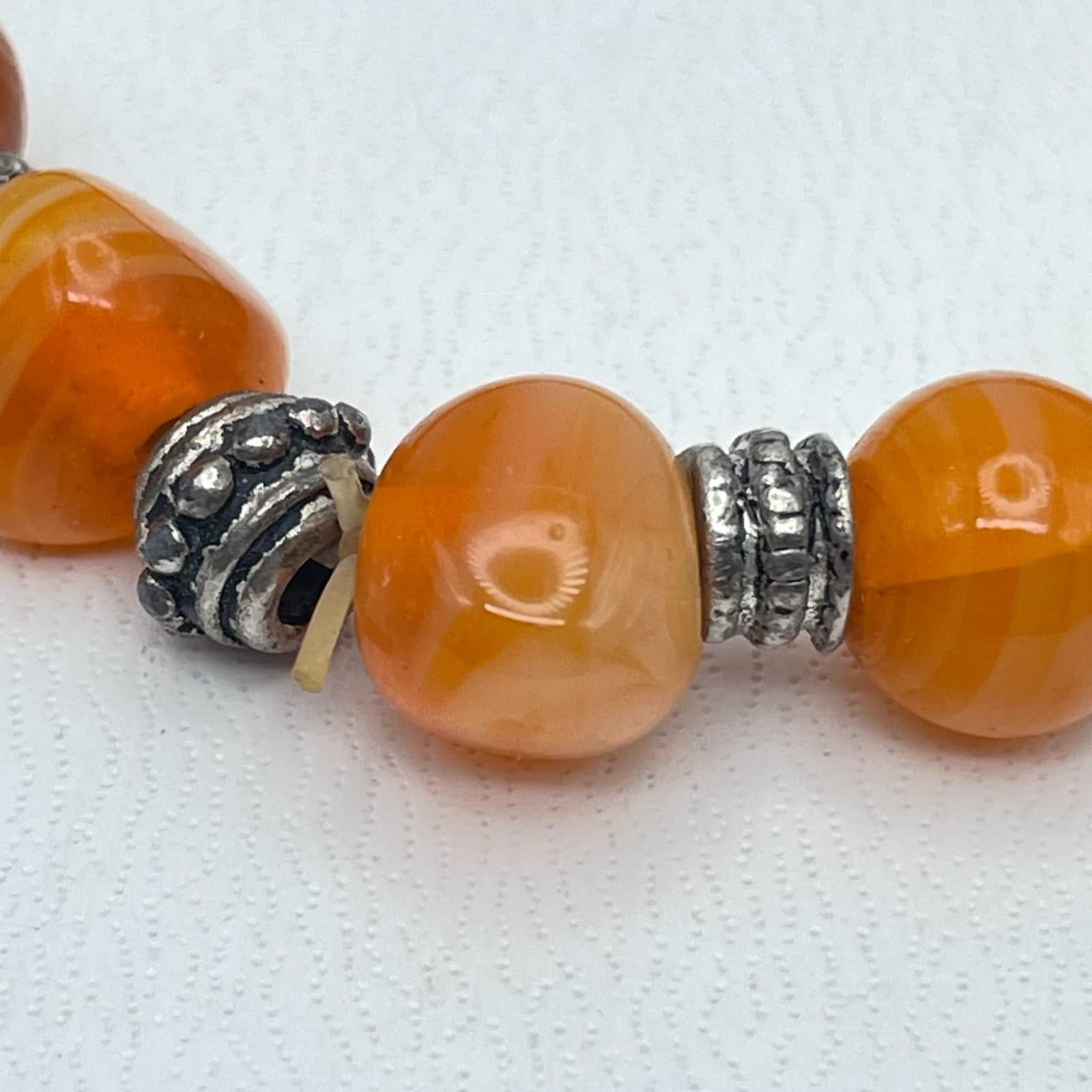 Tibetan-Style Silver-Tone Oxidized Metal Orange Agate Beads Stretch Bracelet - Thumbnail 4