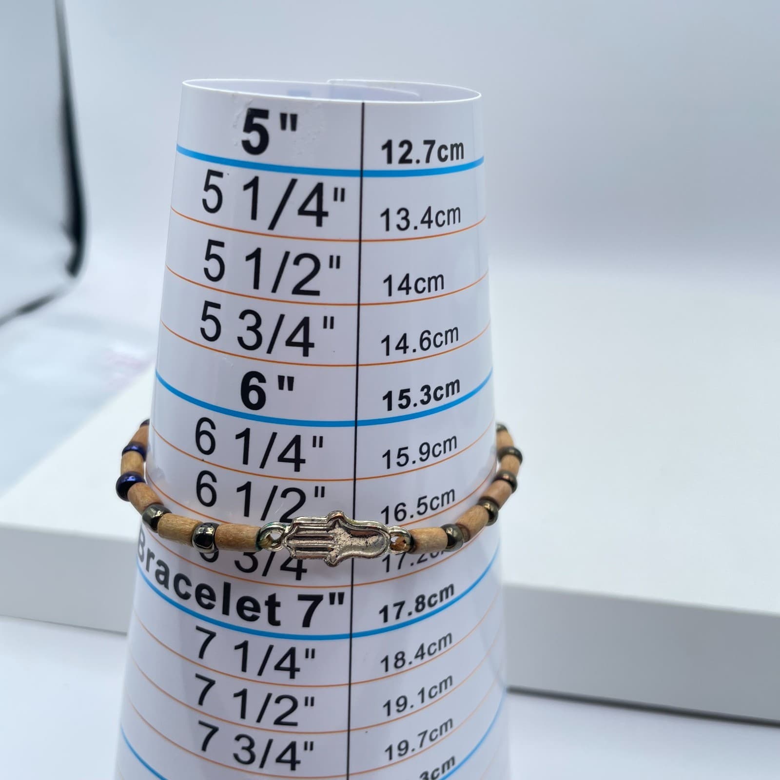 Artisan Tan Spiritual Hematite Wood Beaded Hamsa Hand Charm Stretch Bracelet - Thumbnail 3