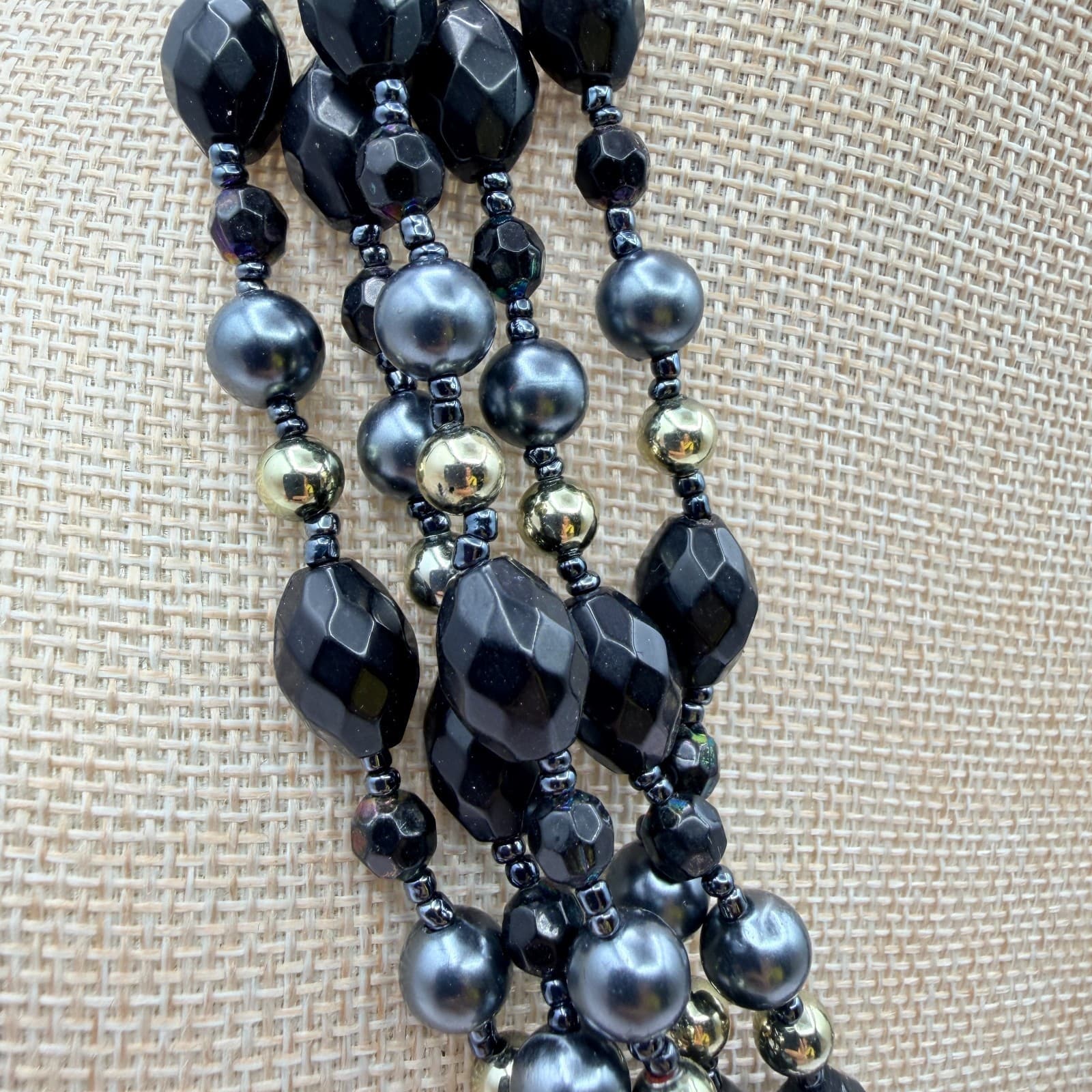 Vintage 90s Multi Strand Black Glass Bead Necklace Gray Faux Pearl Statement - Thumbnail 4