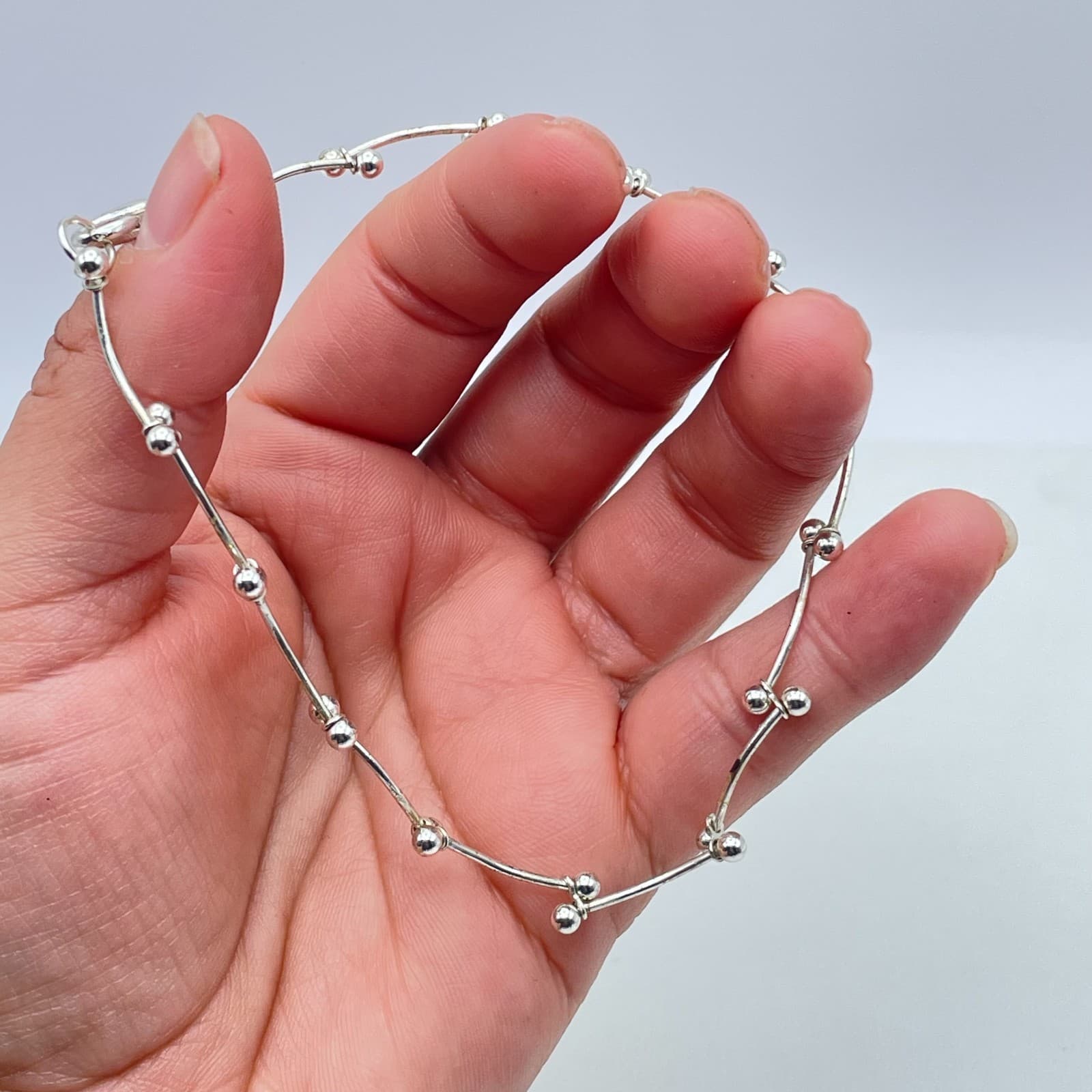 Contemporary Silver-Tone Classic Curved Dainty Bars Ball Link Lobster Bracelet - Thumbnail 4