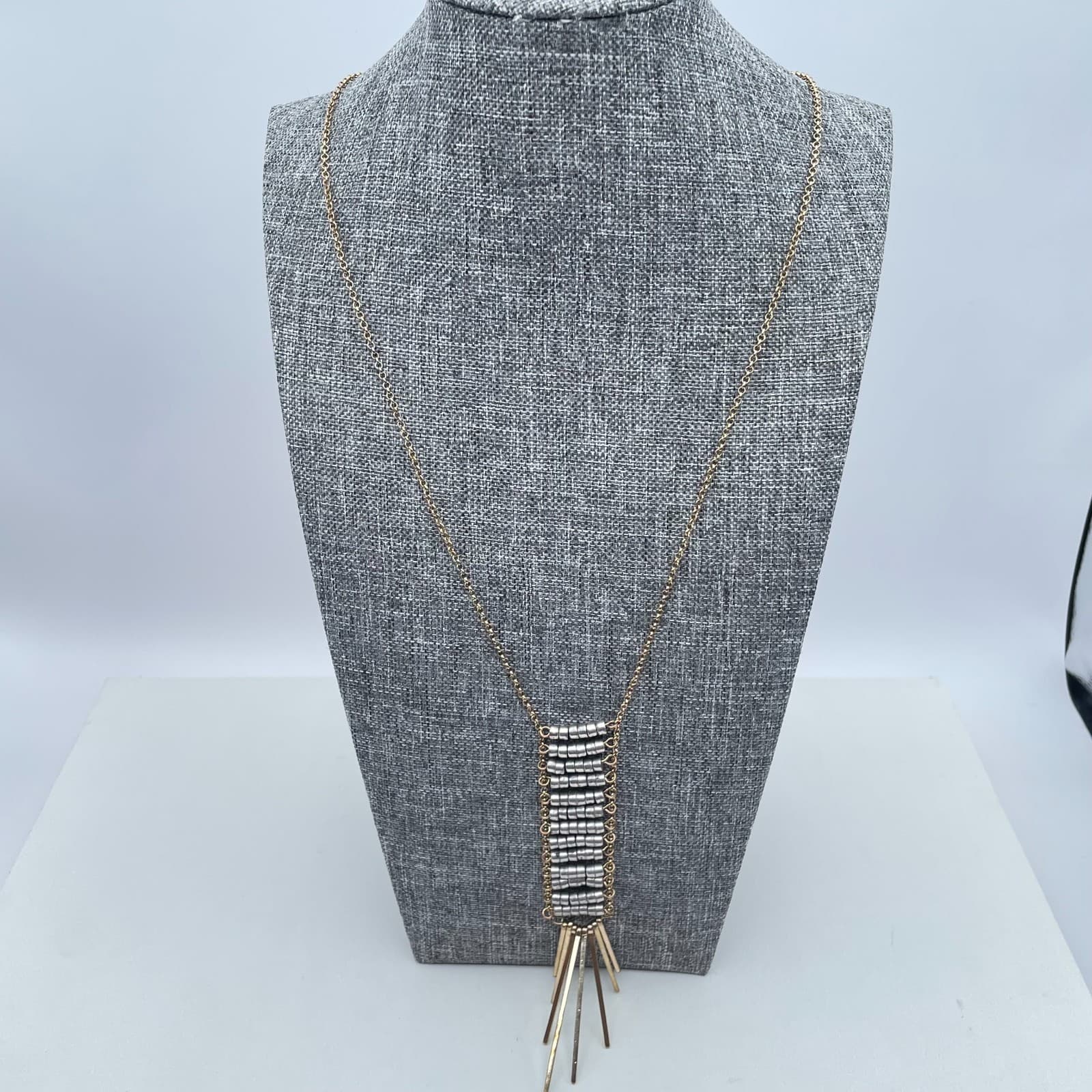 Bohemian Necklace Two-Tone Rolo Link Chain Spikes Fringe Ladder Pendant Lobster - Thumbnail 3