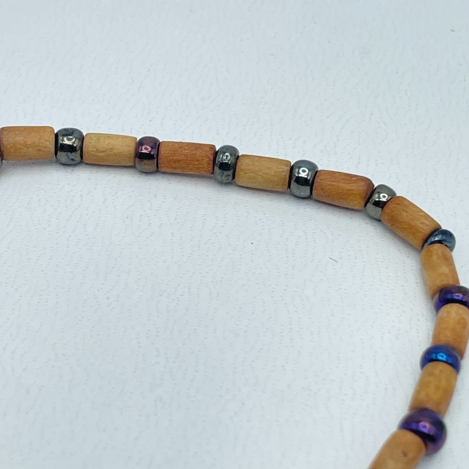 Artisan Tan Spiritual Hematite Wood Beaded Hamsa Hand Charm Stretch Bracelet - Thumbnail 5