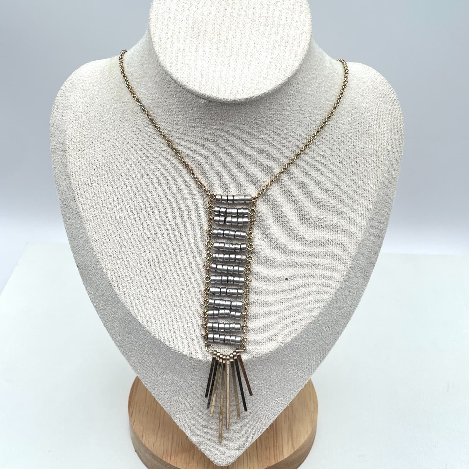 Bohemian Necklace Two-Tone Rolo Link Chain Spikes Fringe Ladder Pendant Lobster - Thumbnail 2