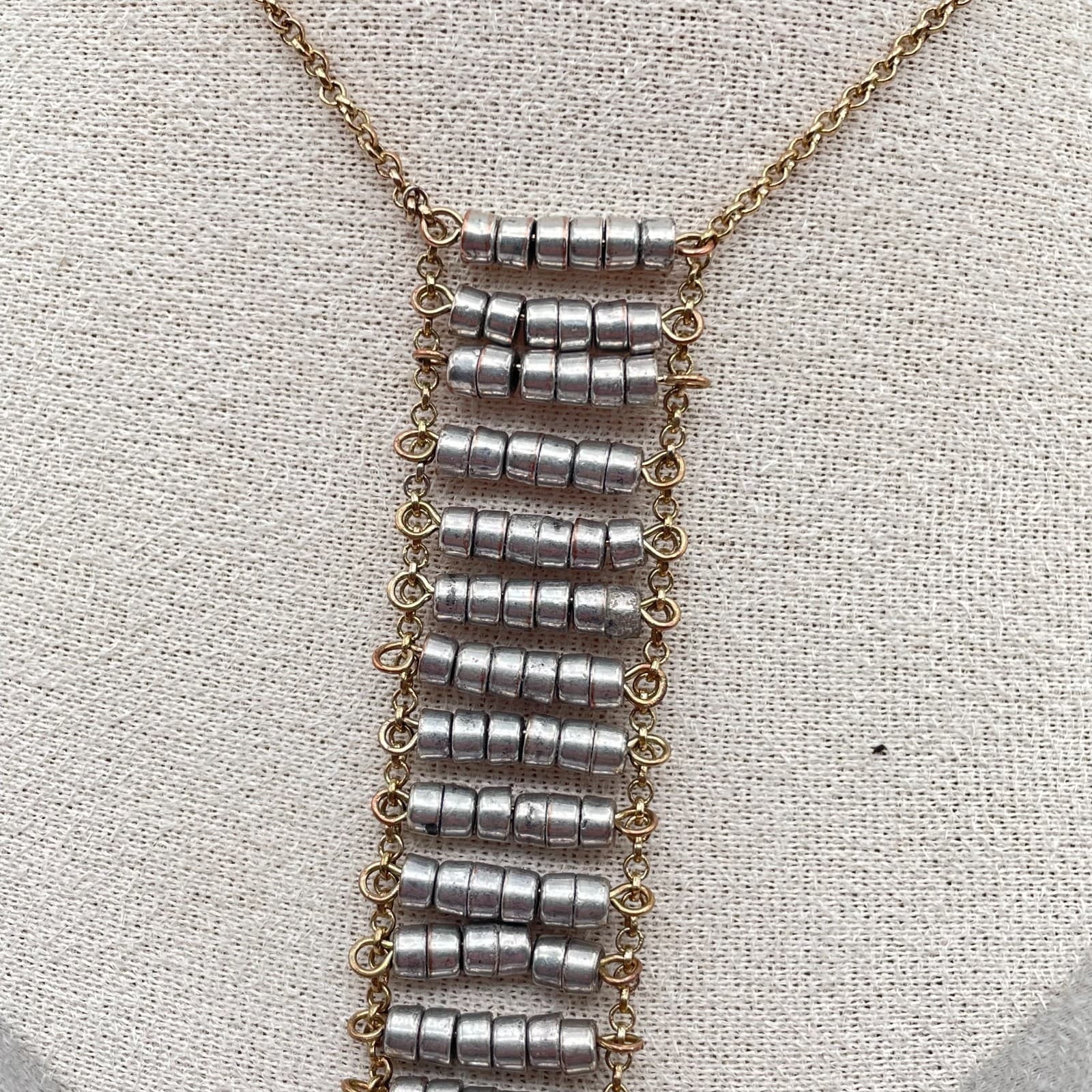 Bohemian Necklace Two-Tone Rolo Link Chain Spikes Fringe Ladder Pendant Lobster - Thumbnail 4