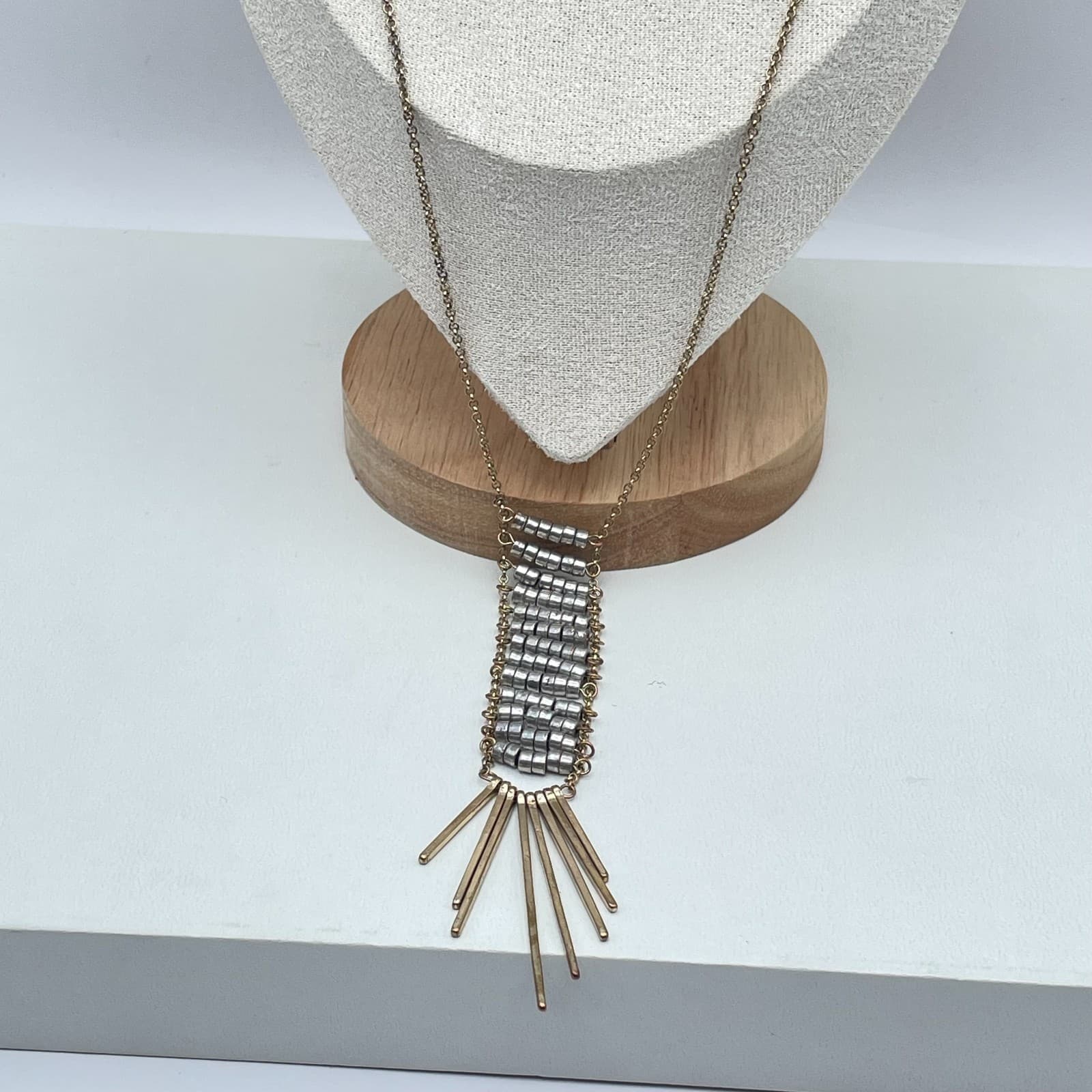 Bohemian Necklace Two-Tone Rolo Link Chain Spikes Fringe Ladder Pendant Lobster - Thumbnail 8