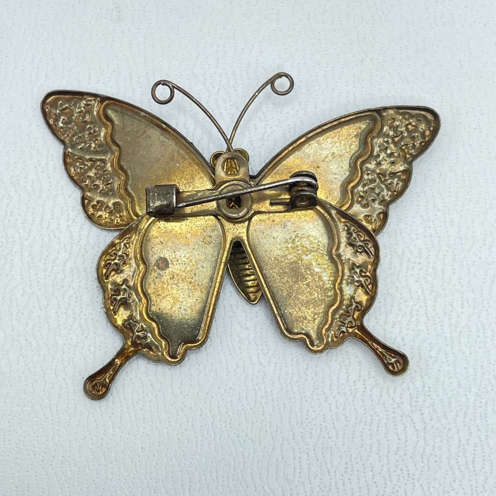 Vintage Gold-Tone Multicolor Patina Dye Enamel Blue Glitter Butterfly Brooch Pin - Thumbnail 3