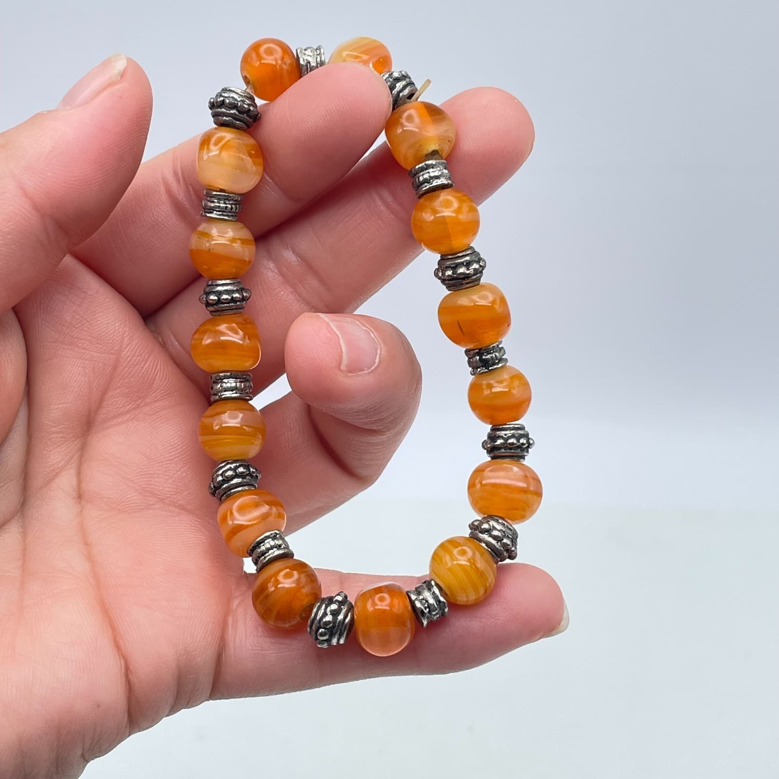 Tibetan-Style Silver-Tone Oxidized Metal Orange Agate Beads Stretch Bracelet - Thumbnail 7