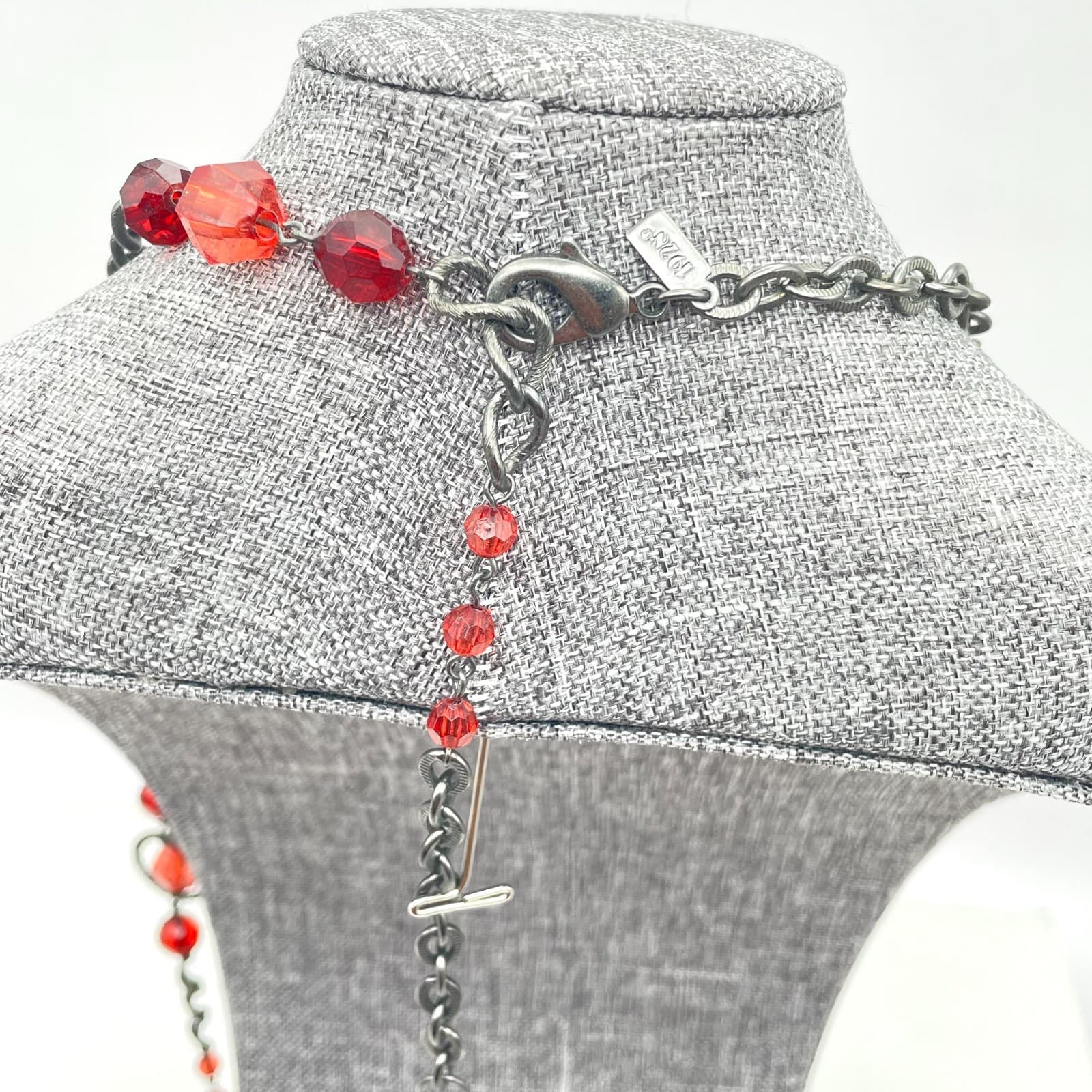 Vintage 1928 Gunmetal-Tone Victorian Faceted Glass Bead Station Lobster Necklace - Thumbnail 10