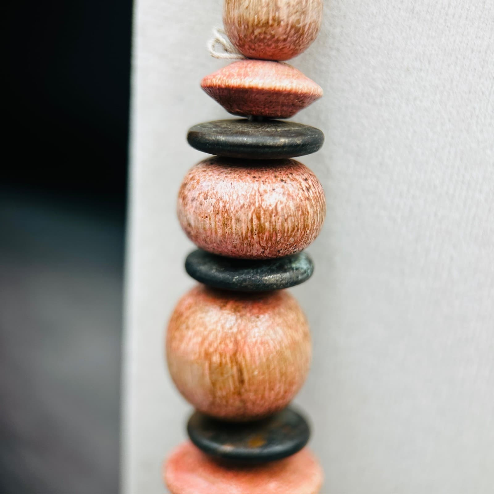 Natural Wood Bead Necklace w/ Layered Disc Accents Boho Earthy Style - Thumbnail 4