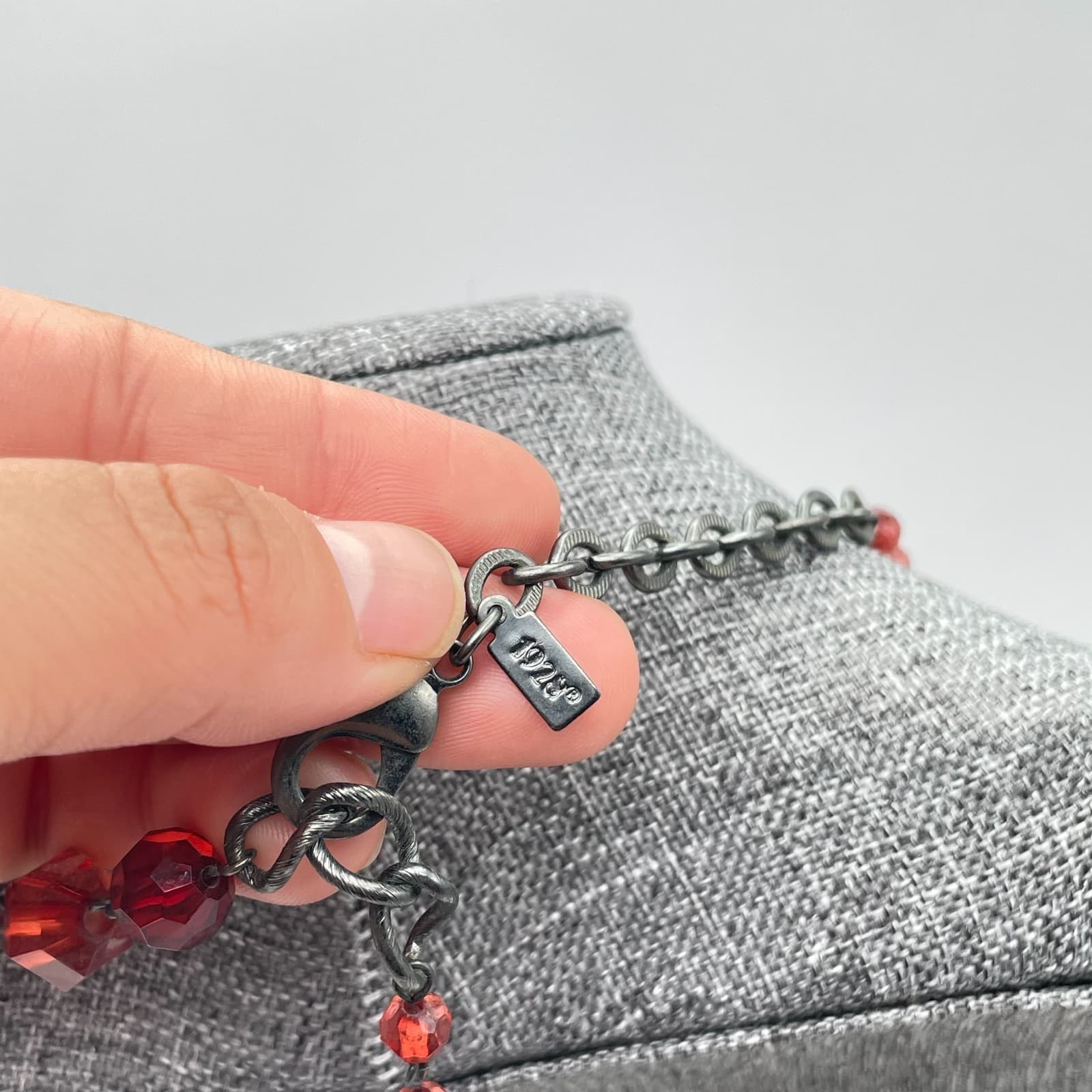 Vintage 1928 Gunmetal-Tone Victorian Faceted Glass Bead Station Lobster Necklace - Thumbnail 11