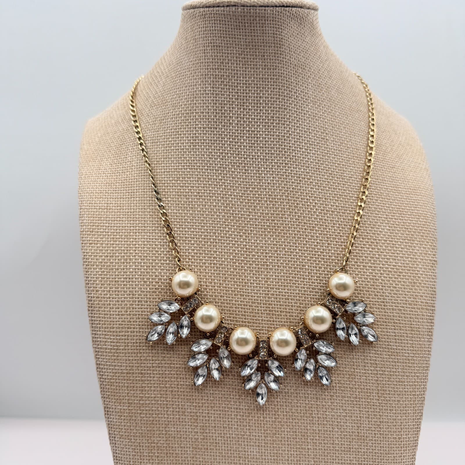Vintage Y2K Gold Tone Rhinestones Faux Pearl Necklace Statement Women's Jewelry - Thumbnail 6