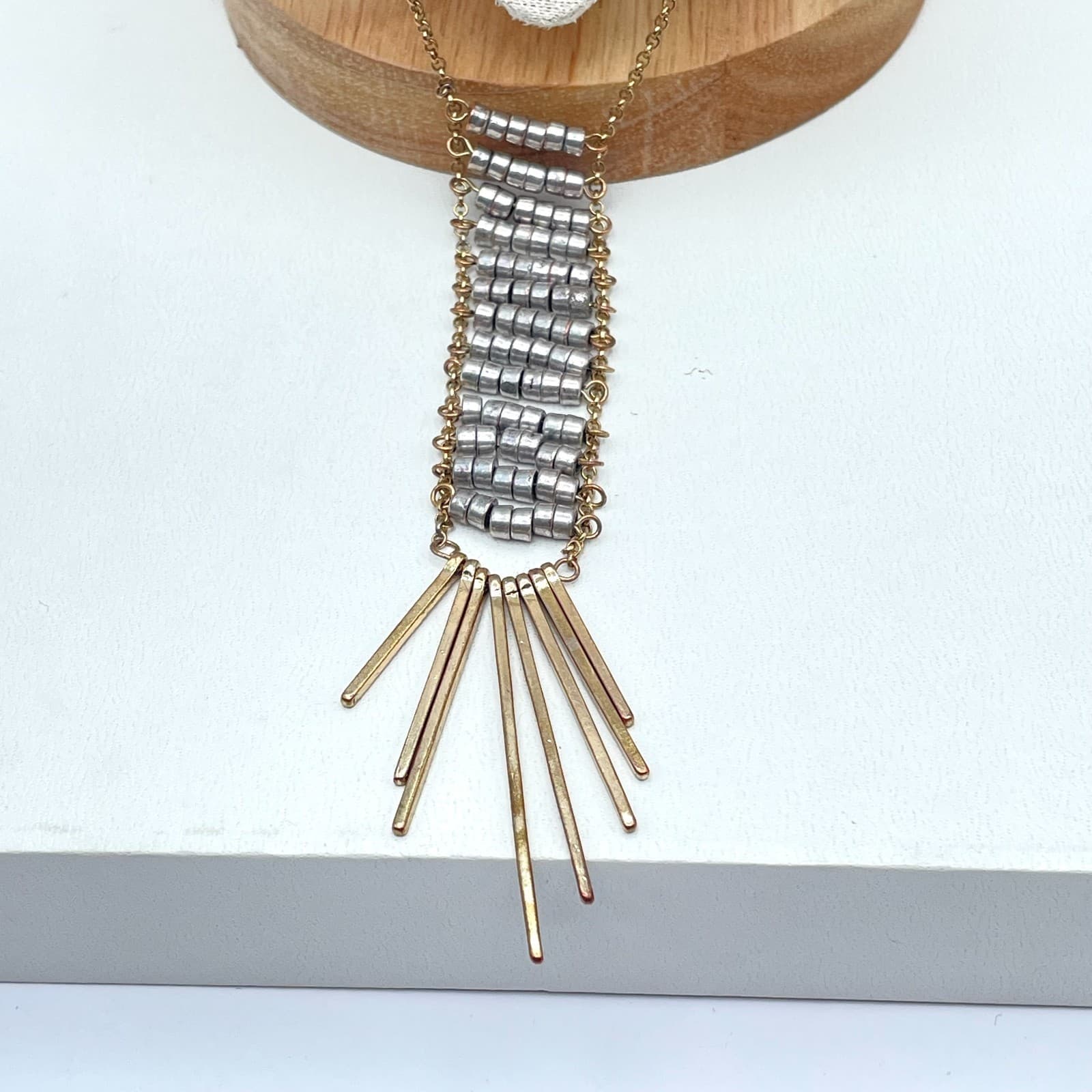 Bohemian Necklace Two-Tone Rolo Link Chain Spikes Fringe Ladder Pendant Lobster - Thumbnail 7