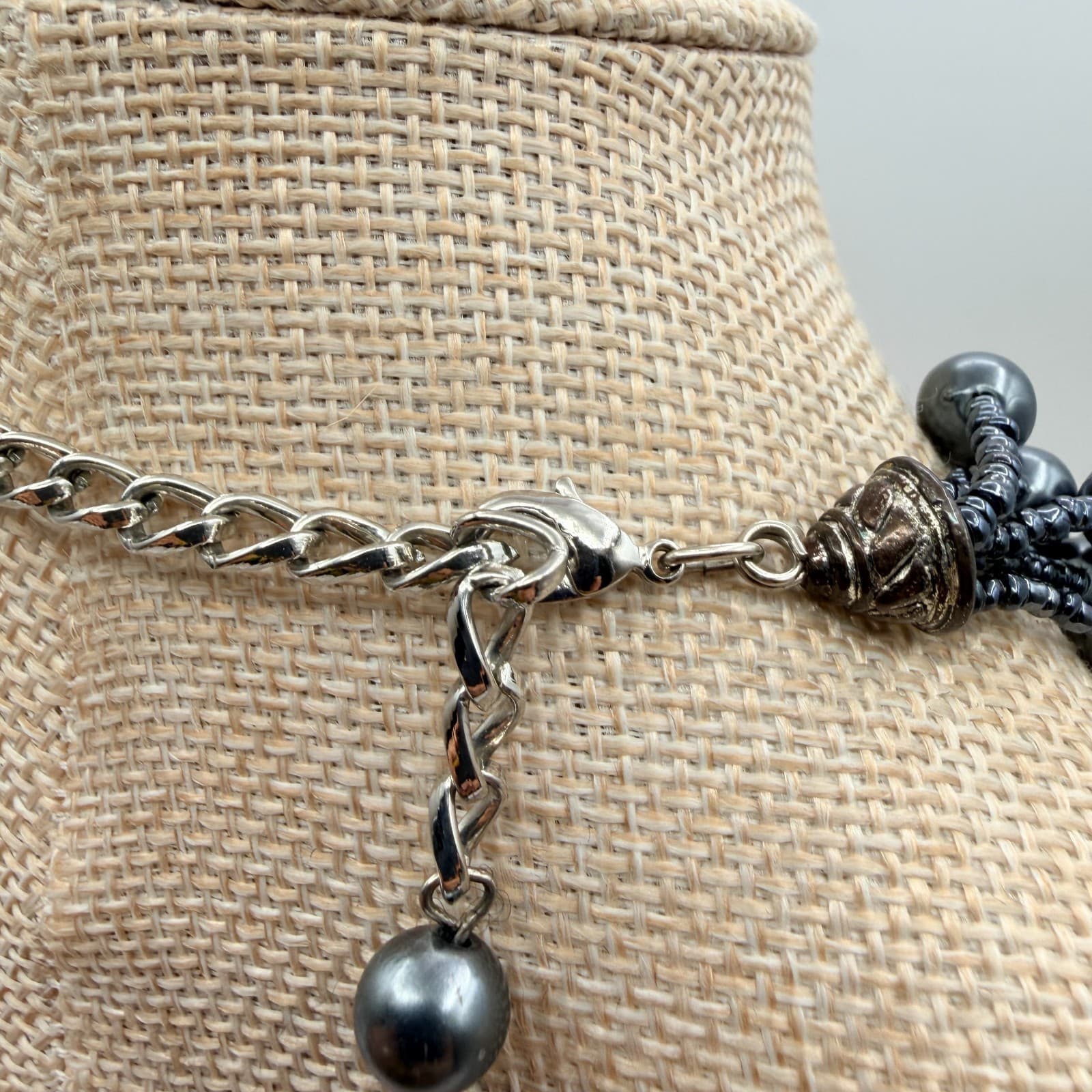 Vintage 90s Multi Strand Black Glass Bead Necklace Gray Faux Pearl Statement - Thumbnail 8