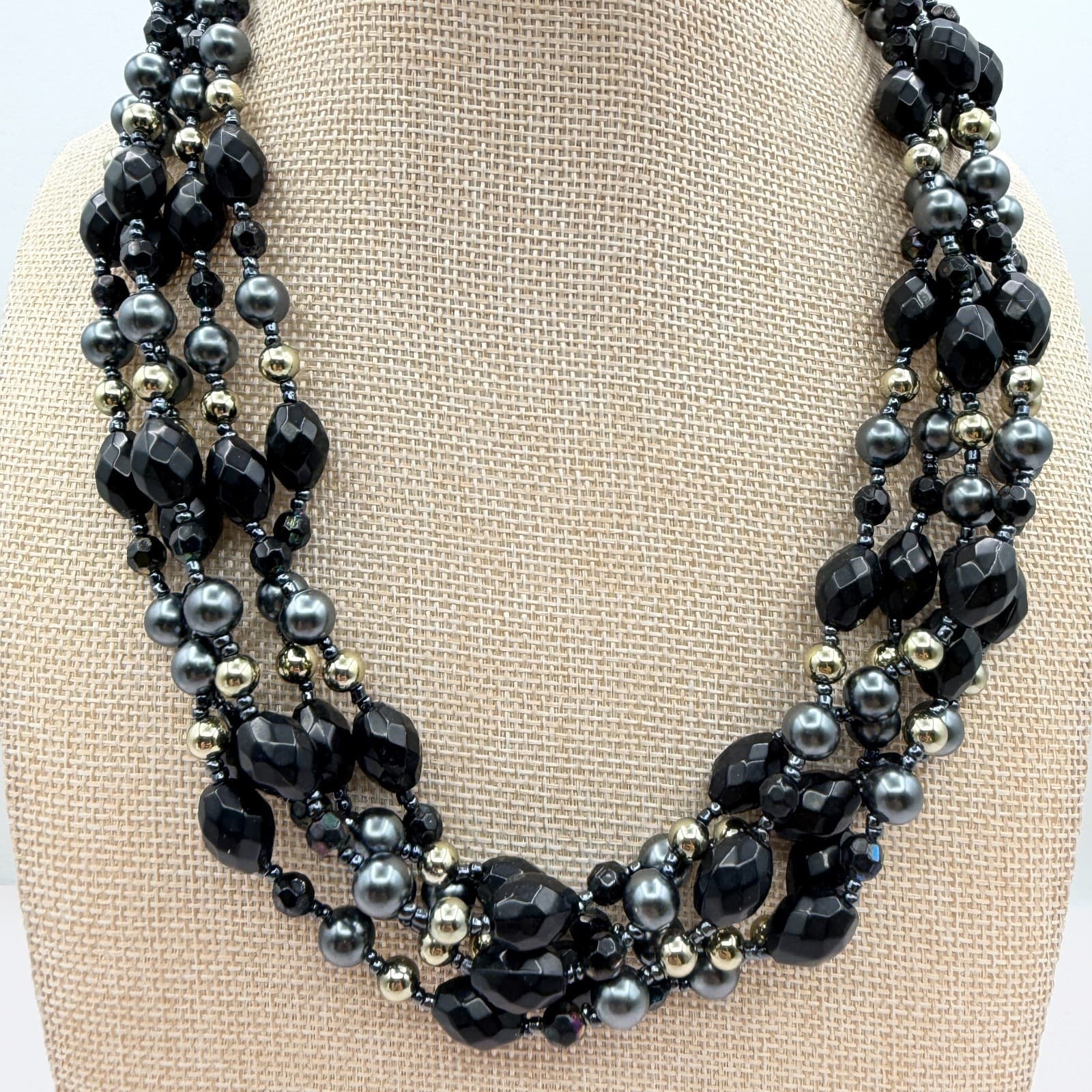 Vintage 90s Multi Strand Black Glass Bead Necklace Gray Faux Pearl Statement - Thumbnail 3