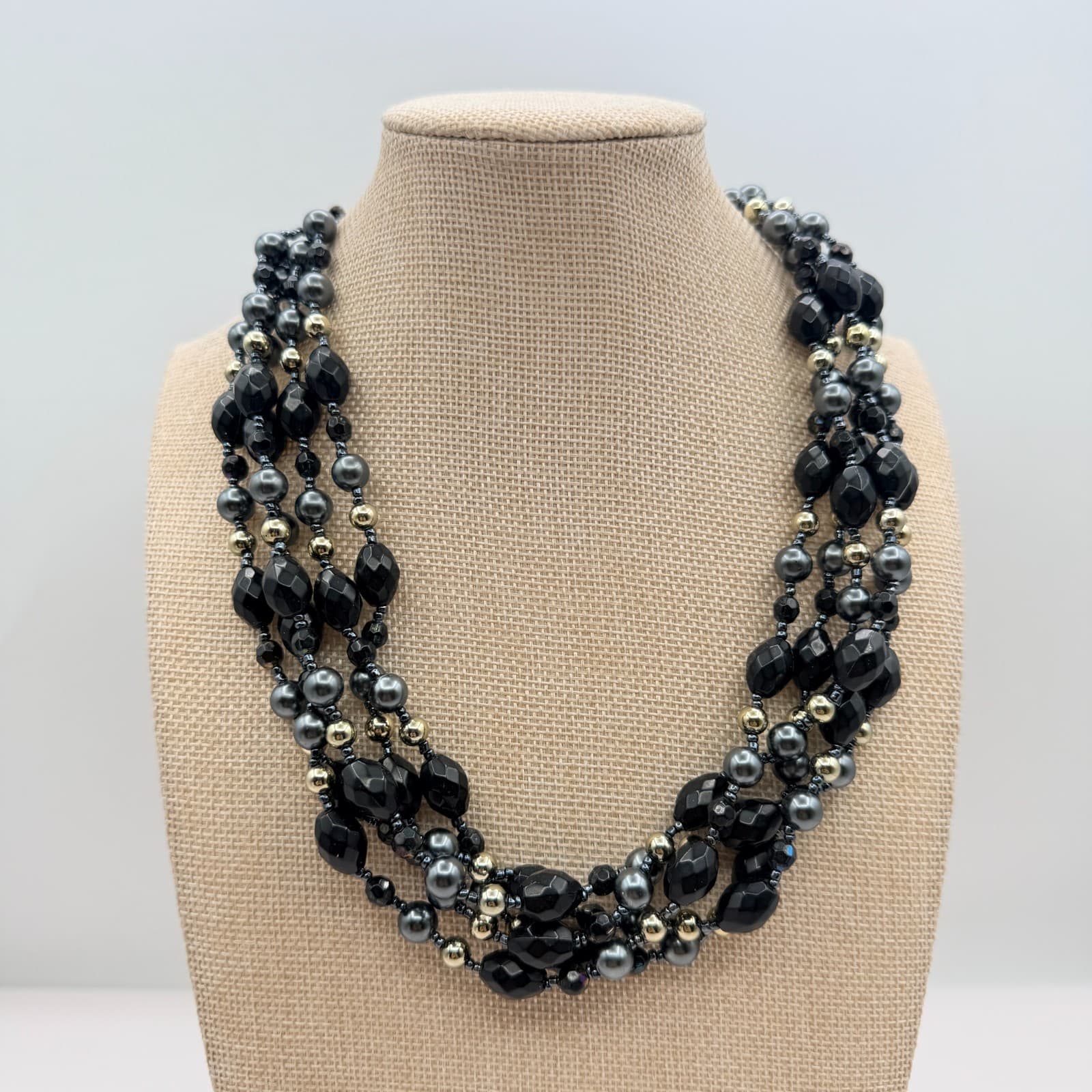 Vintage 90s Multi Strand Black Glass Bead Necklace Gray Faux Pearl Statement - Thumbnail 2