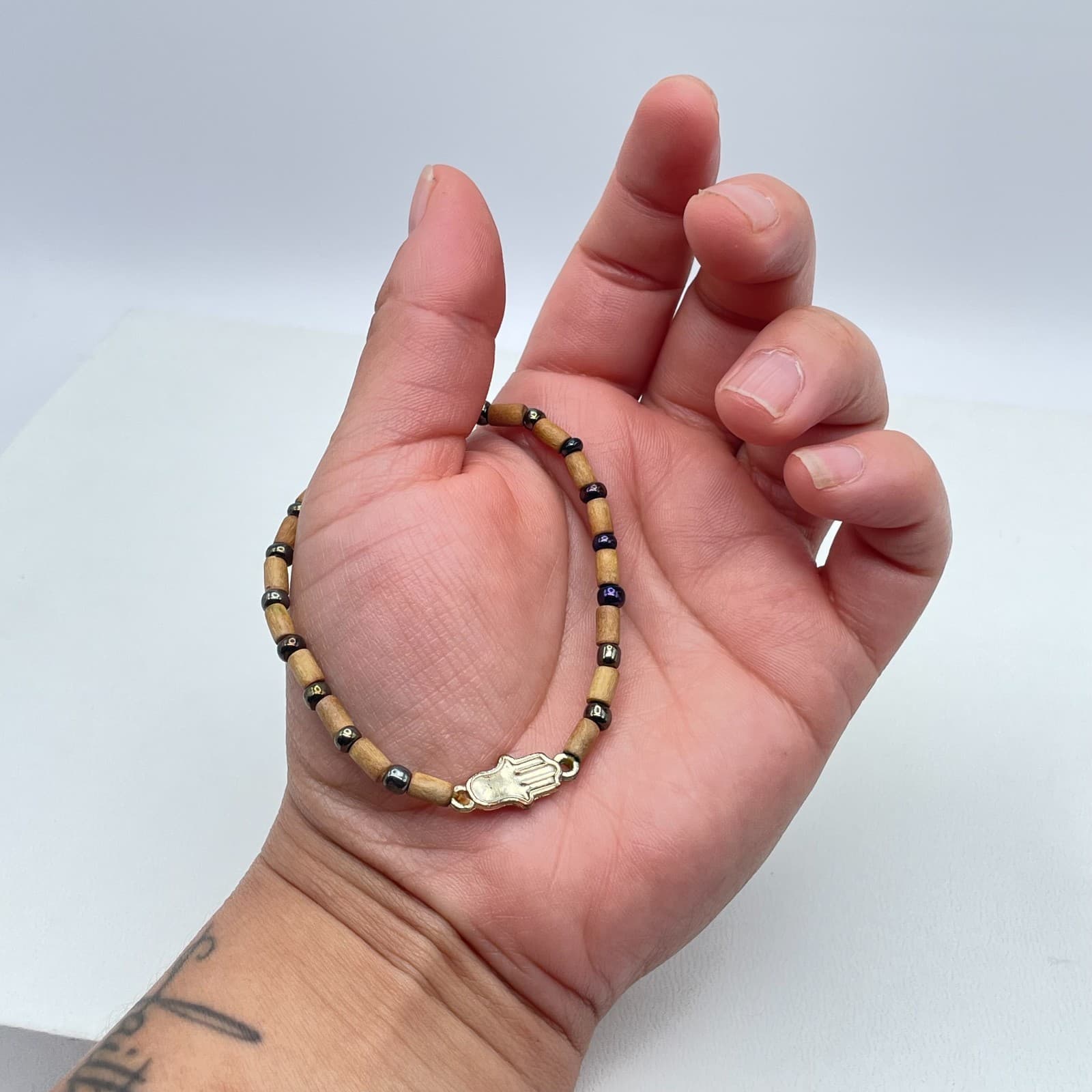 Artisan Tan Spiritual Hematite Wood Beaded Hamsa Hand Charm Stretch Bracelet - Thumbnail 8