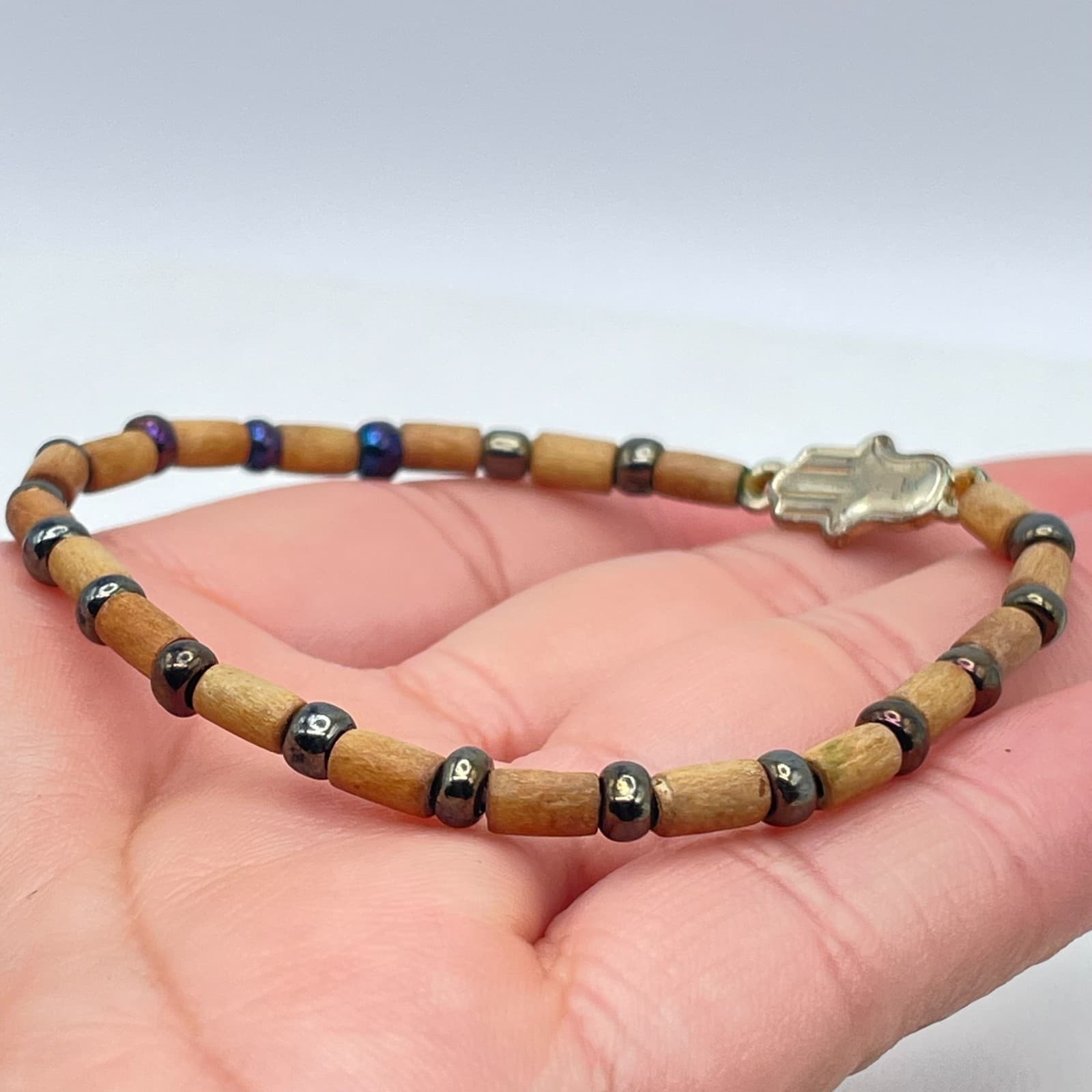 Artisan Tan Spiritual Hematite Wood Beaded Hamsa Hand Charm Stretch Bracelet - Thumbnail 7