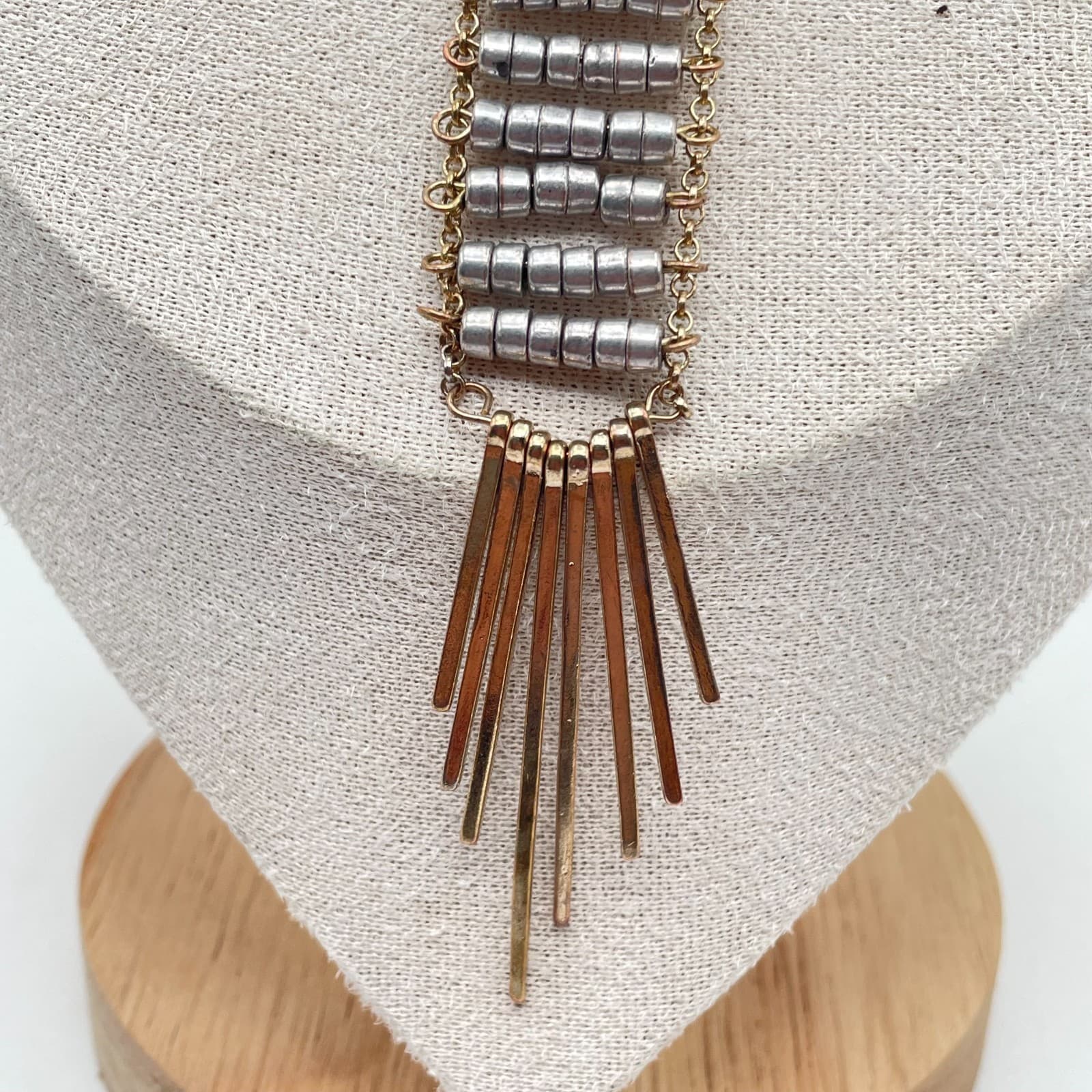 Bohemian Necklace Two-Tone Rolo Link Chain Spikes Fringe Ladder Pendant Lobster - Thumbnail 5