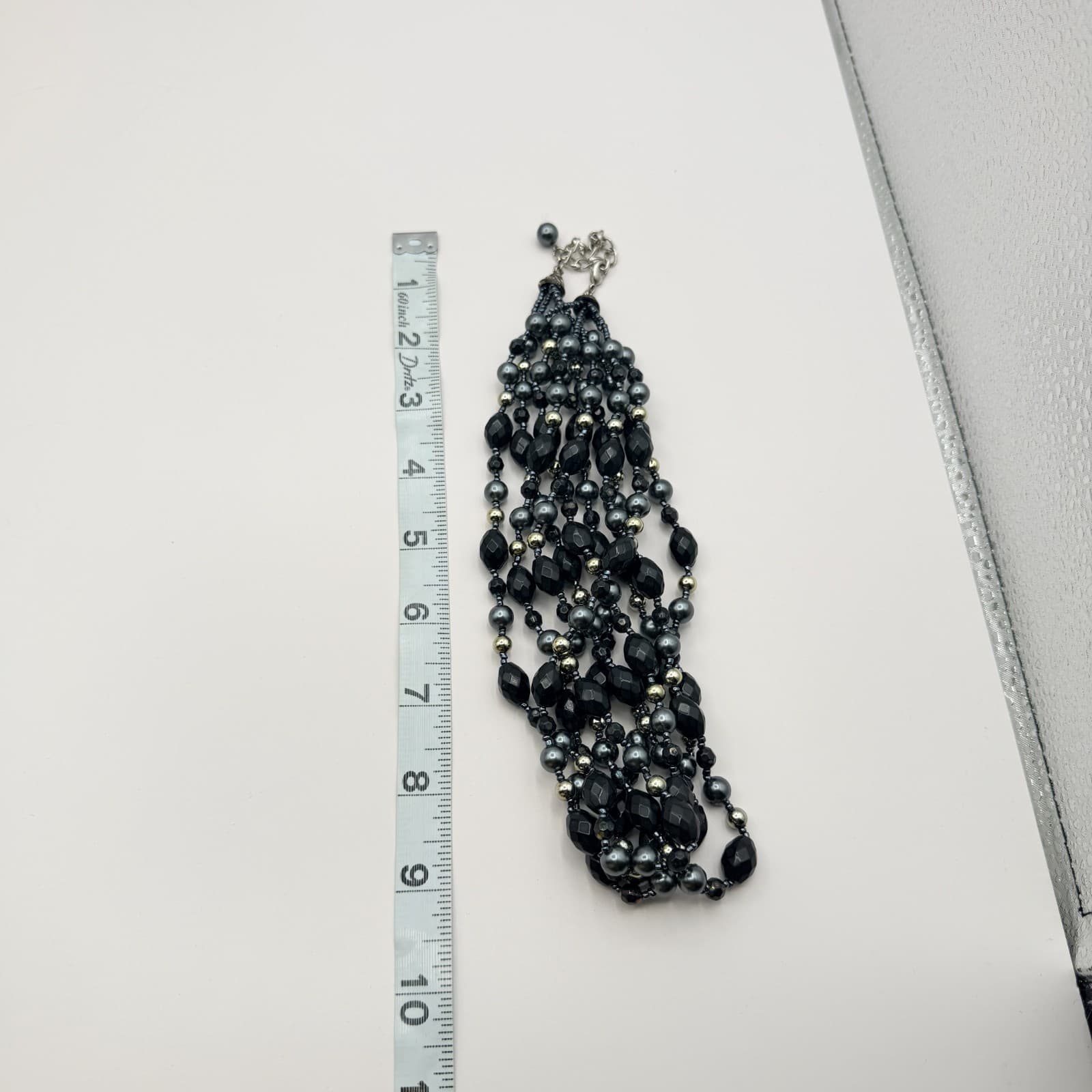 Vintage 90s Multi Strand Black Glass Bead Necklace Gray Faux Pearl Statement - Thumbnail 10