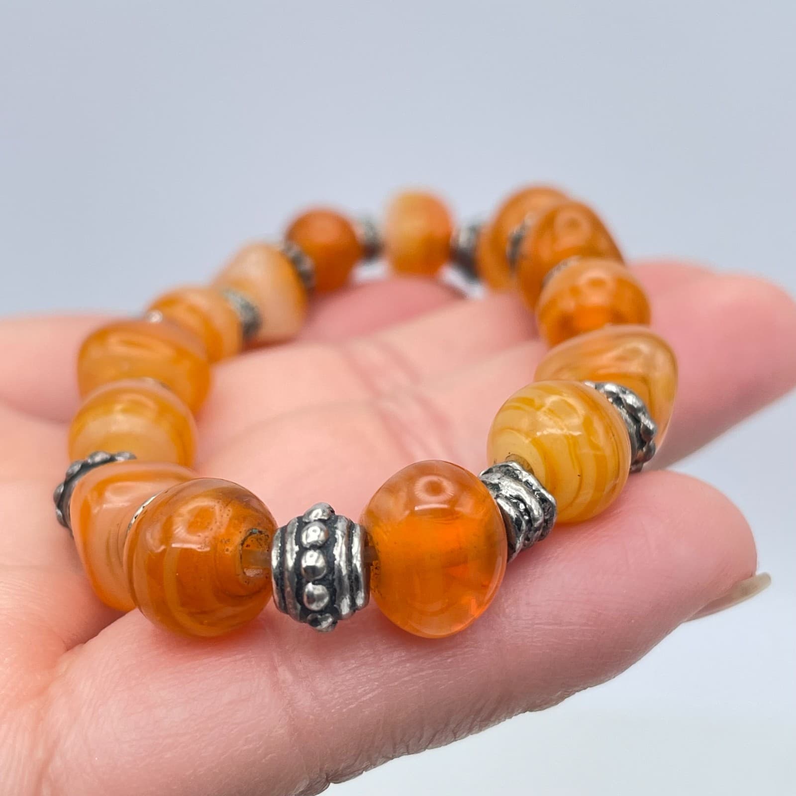 Tibetan-Style Silver-Tone Oxidized Metal Orange Agate Beads Stretch Bracelet - Thumbnail 9