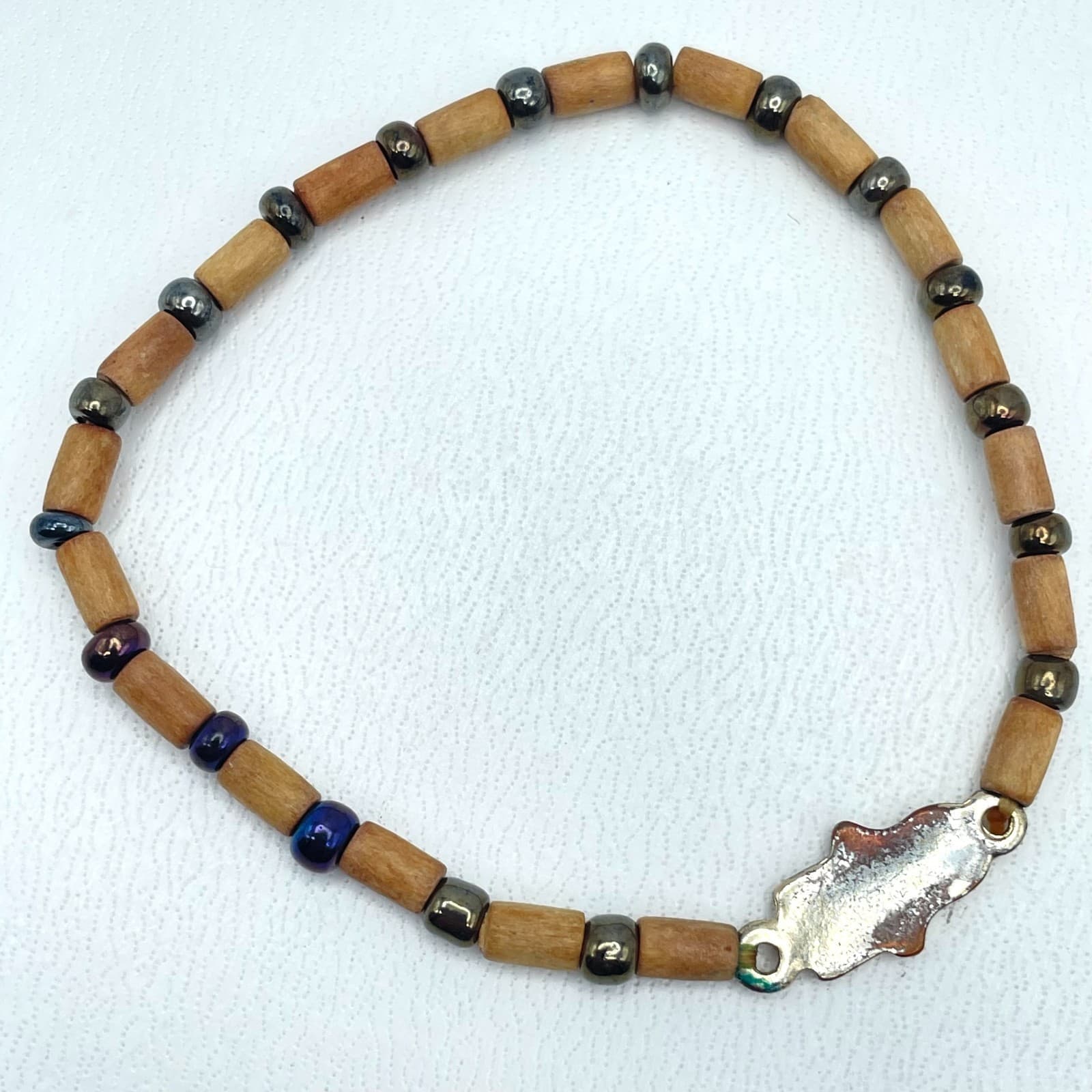 Artisan Tan Spiritual Hematite Wood Beaded Hamsa Hand Charm Stretch Bracelet - Thumbnail 2