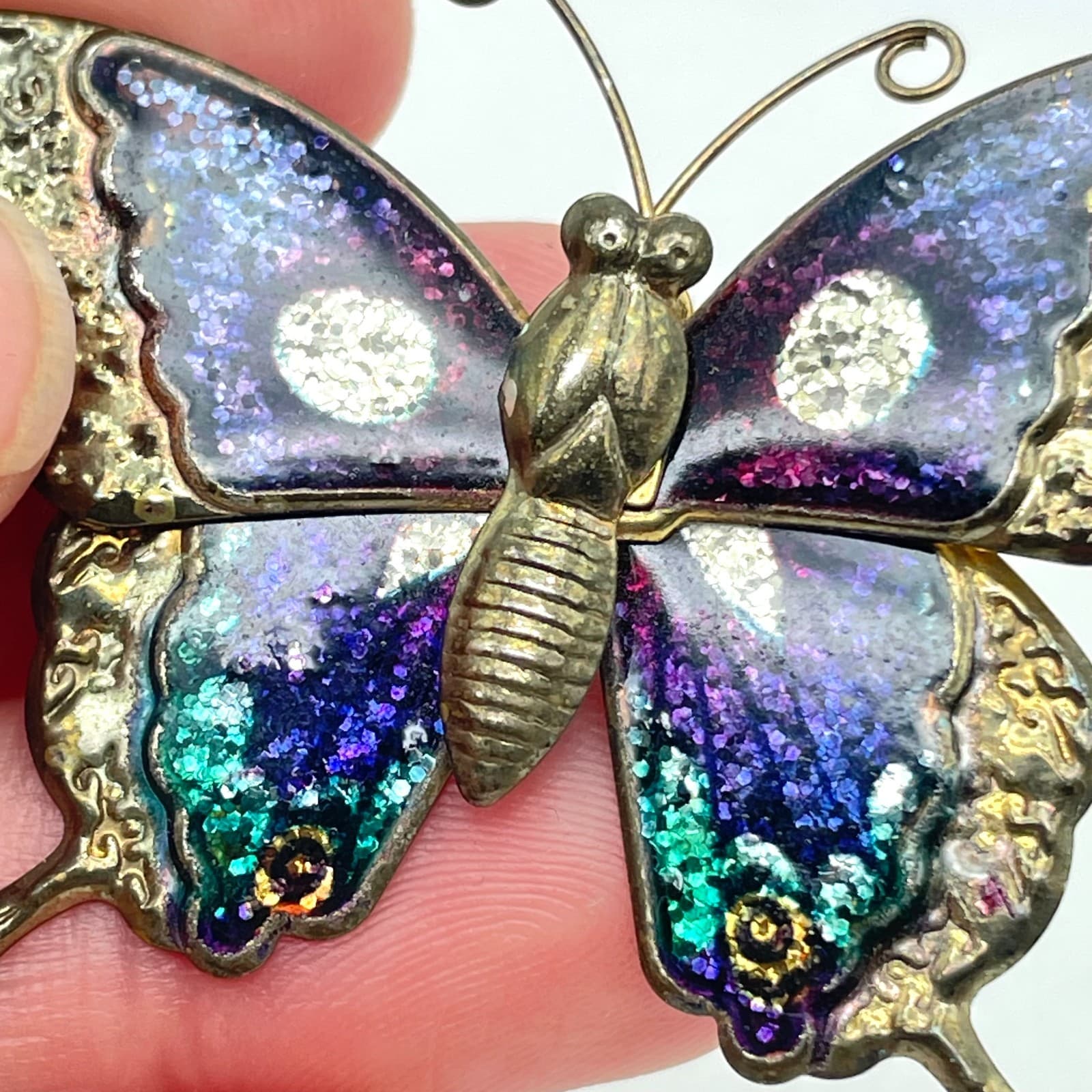 Vintage Gold-Tone Multicolor Patina Dye Enamel Blue Glitter Butterfly Brooch Pin - Thumbnail 6