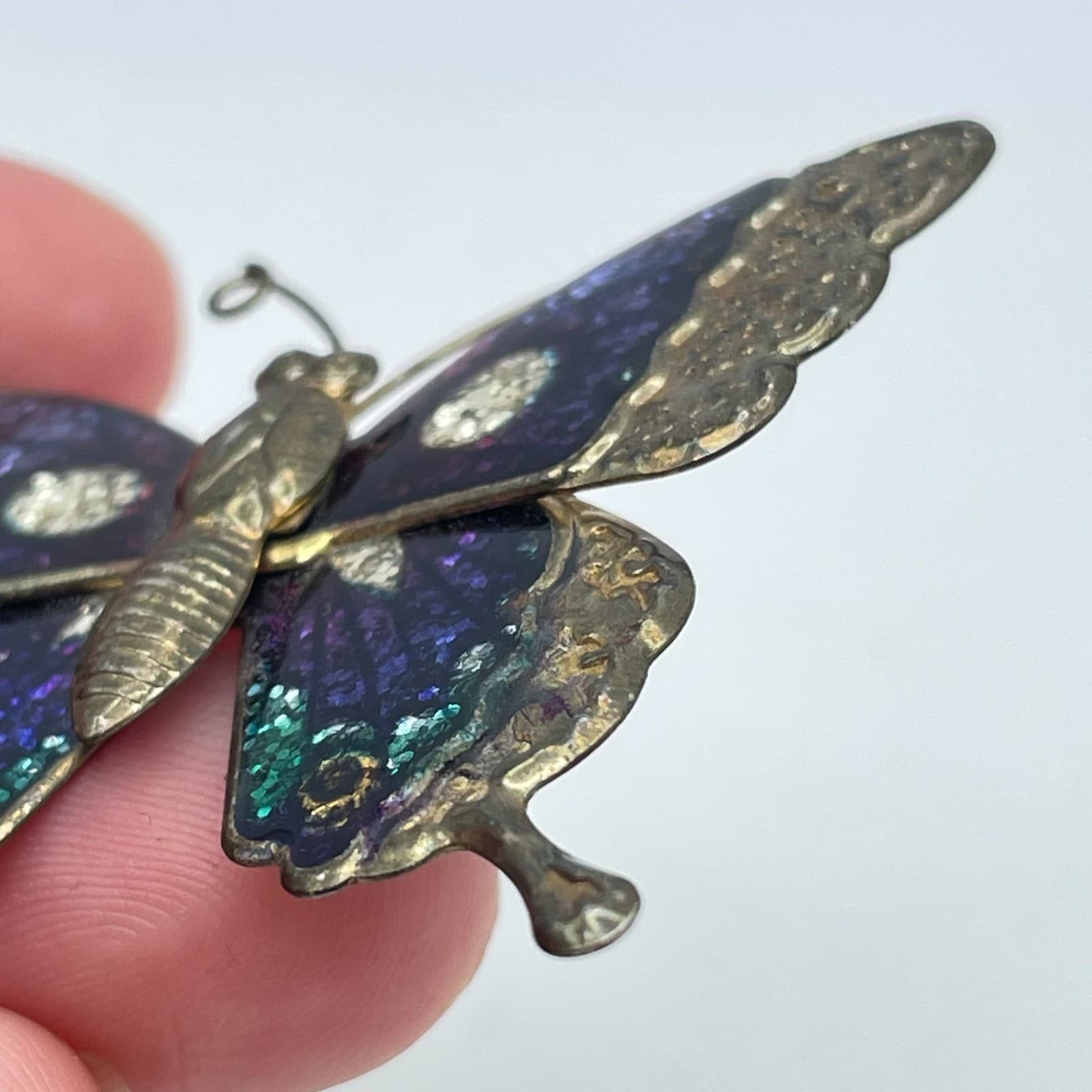 Vintage Gold-Tone Multicolor Patina Dye Enamel Blue Glitter Butterfly Brooch Pin - Thumbnail 7