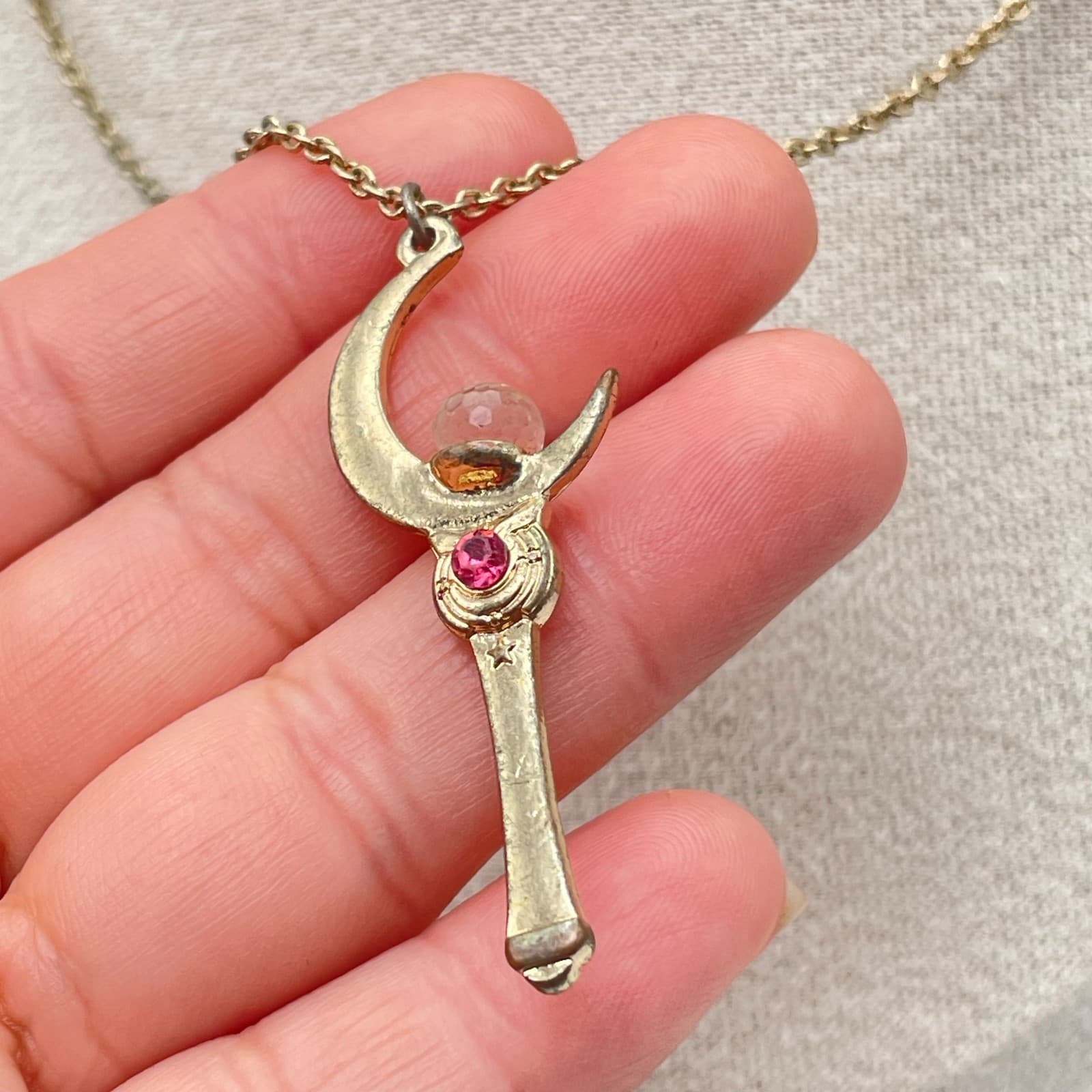 Sailor Moon Moon Stick Crystal Pendant Necklace 90s Vintage Collectible - Thumbnail 6