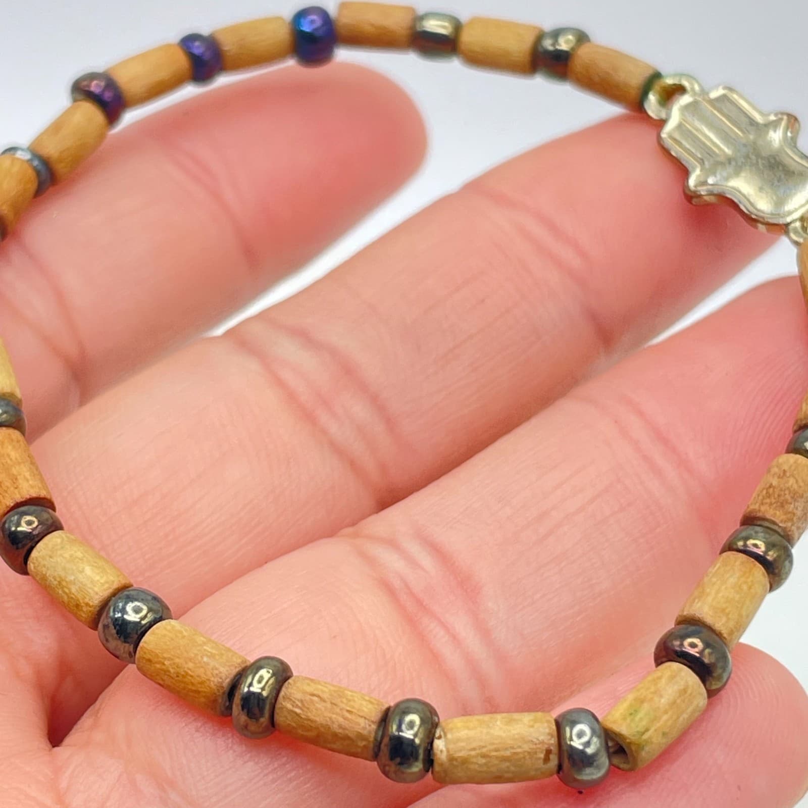 Artisan Tan Spiritual Hematite Wood Beaded Hamsa Hand Charm Stretch Bracelet - Thumbnail 6