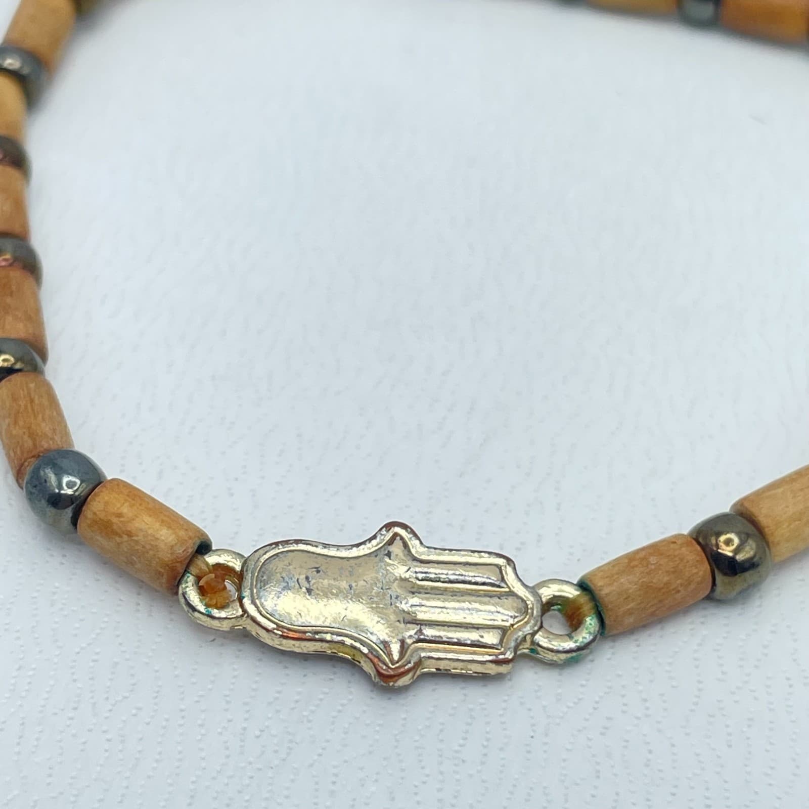 Artisan Tan Spiritual Hematite Wood Beaded Hamsa Hand Charm Stretch Bracelet - Thumbnail 4