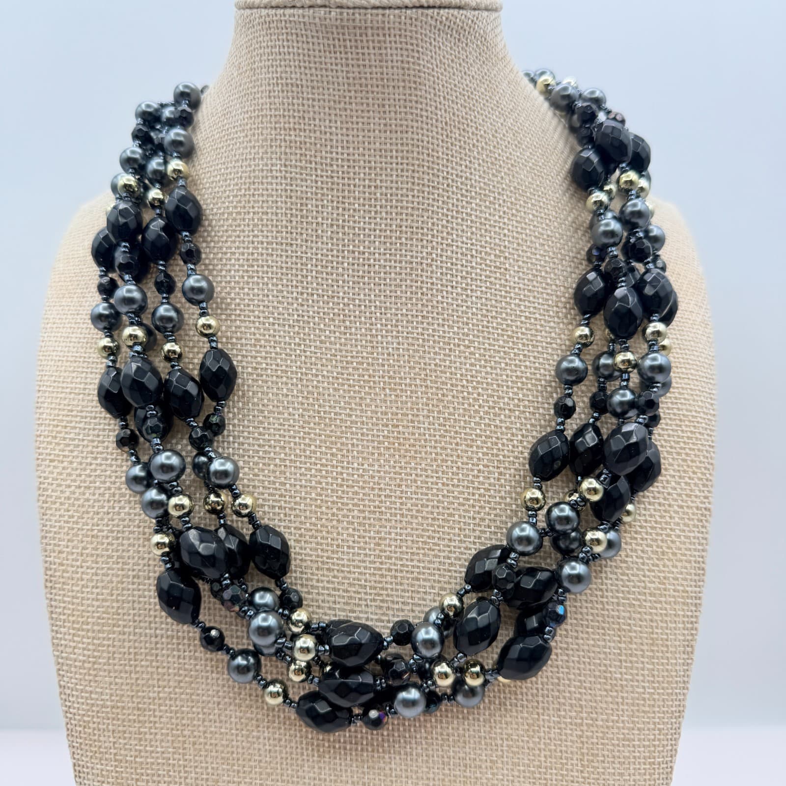 Vintage 90s Multi Strand Black Glass Bead Necklace Gray Faux Pearl Statement - Thumbnail 7