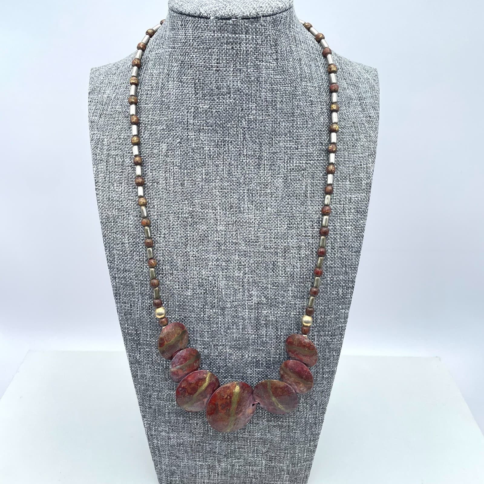 Tribal Handmade Brown Disc Shaped Jasper Beaded Statement Bib Collar Necklace - Thumbnail 2