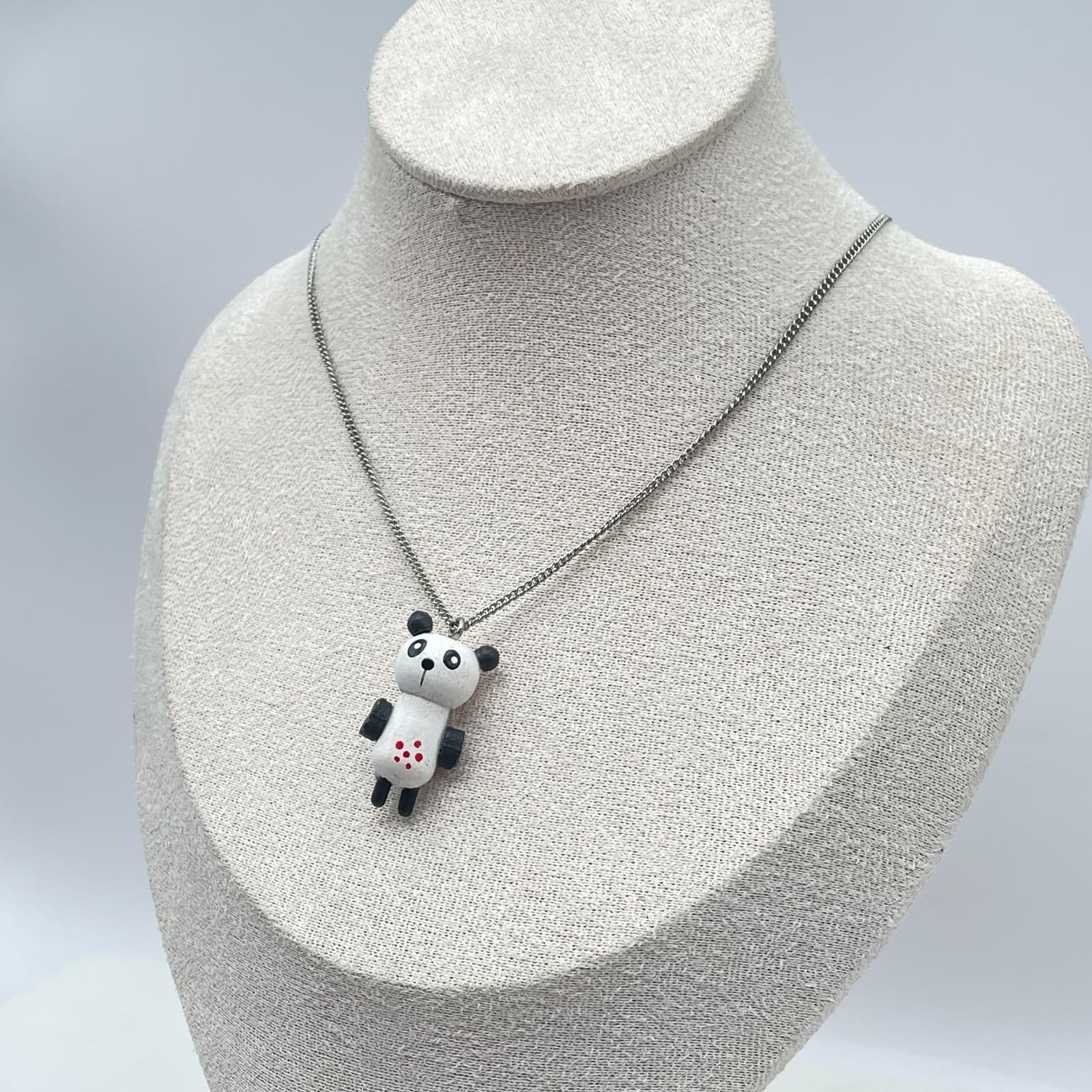 Contemporary Hand-Painted Silver-Tone Curb Chain Panda Pendant Lobster Necklace - Thumbnail 4