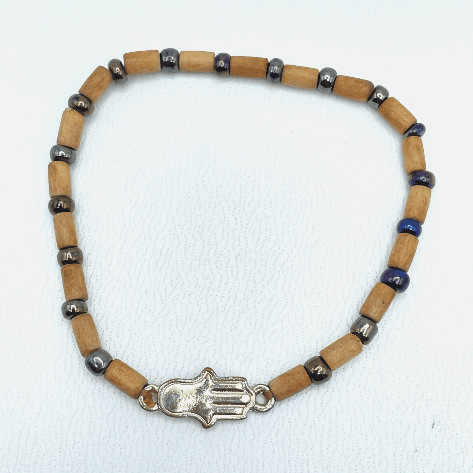 Artisan Tan Spiritual Hematite Wood Beaded Hamsa Hand Charm Stretch Bracelet - Image 1