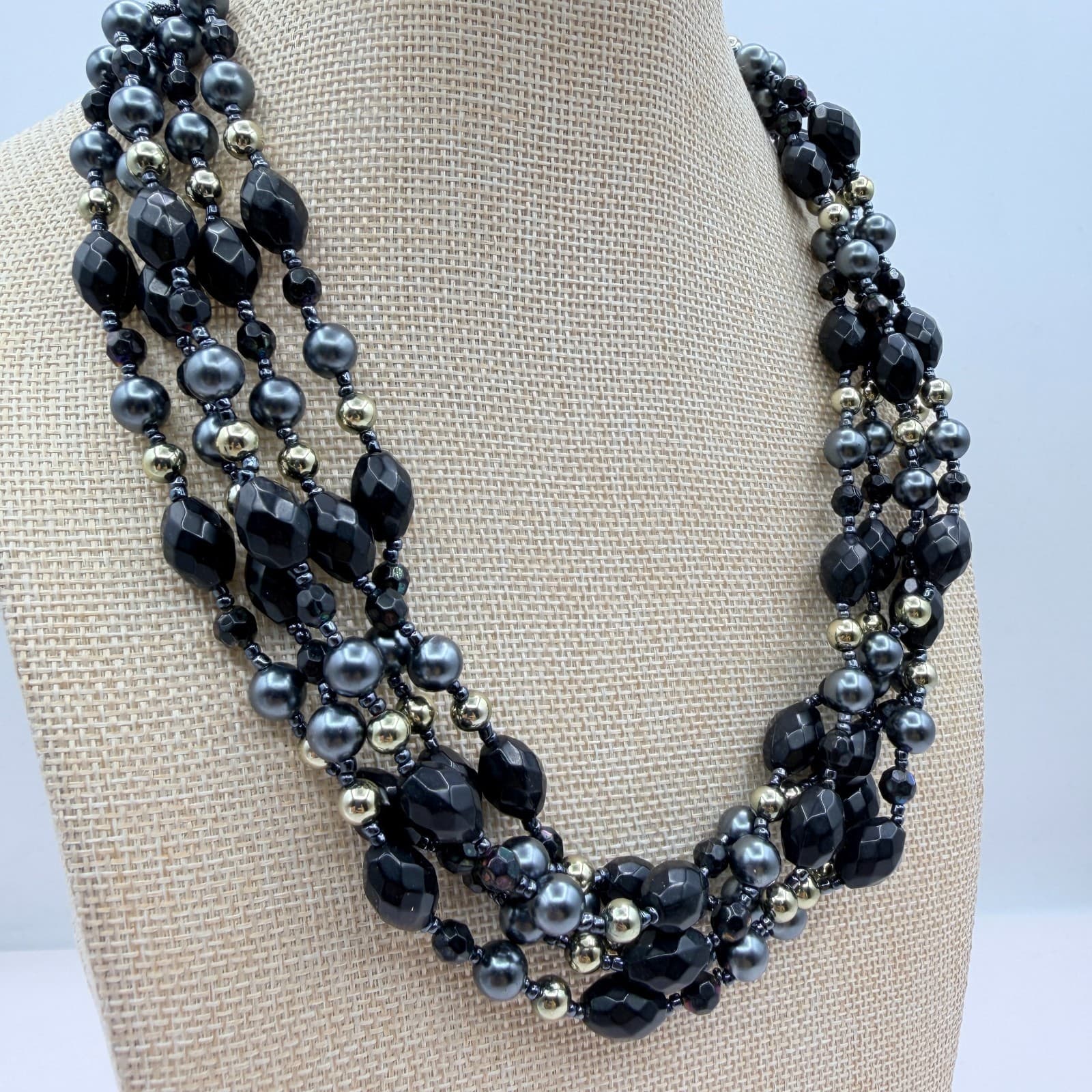 Vintage 90s Multi Strand Black Glass Bead Necklace Gray Faux Pearl Statement - Thumbnail 6