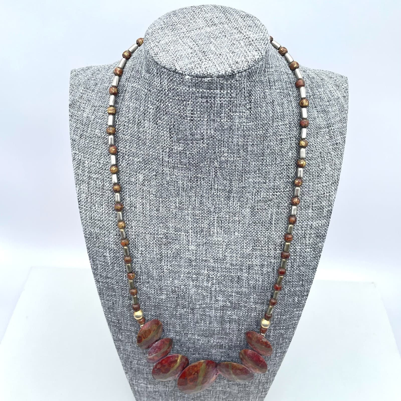 Tribal Handmade Brown Disc Shaped Jasper Beaded Statement Bib Collar Necklace - Thumbnail 3