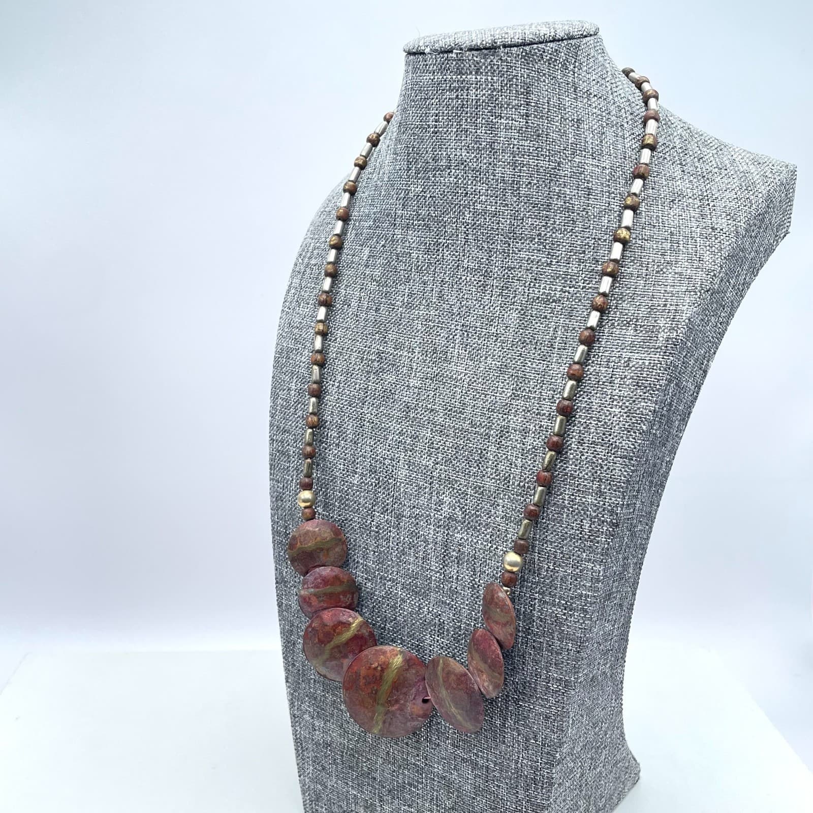 Tribal Handmade Brown Disc Shaped Jasper Beaded Statement Bib Collar Necklace - Thumbnail 5