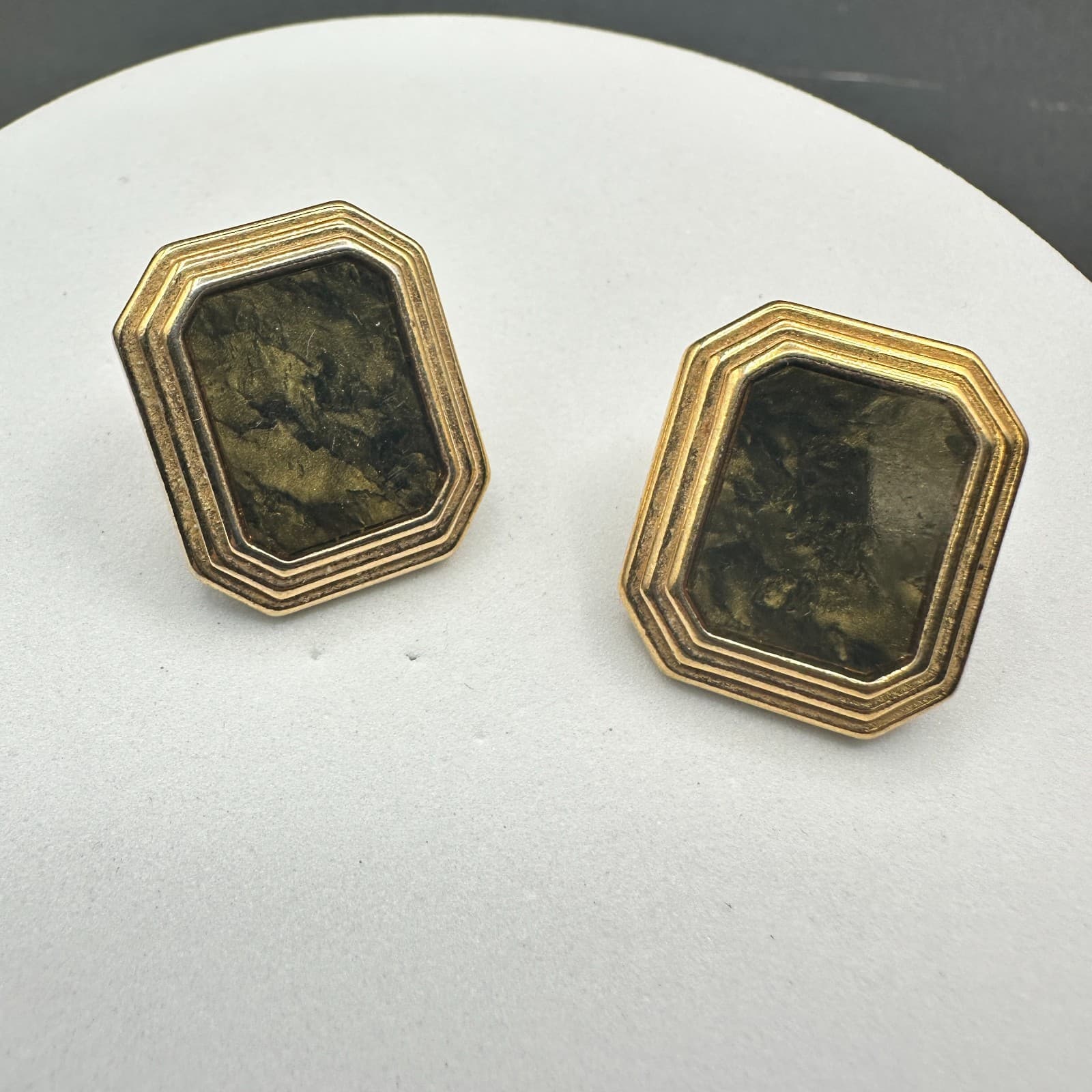 Vintage Geometric Octagon Earrings Gold Tone w/ Marbled Green Centers - Image 1