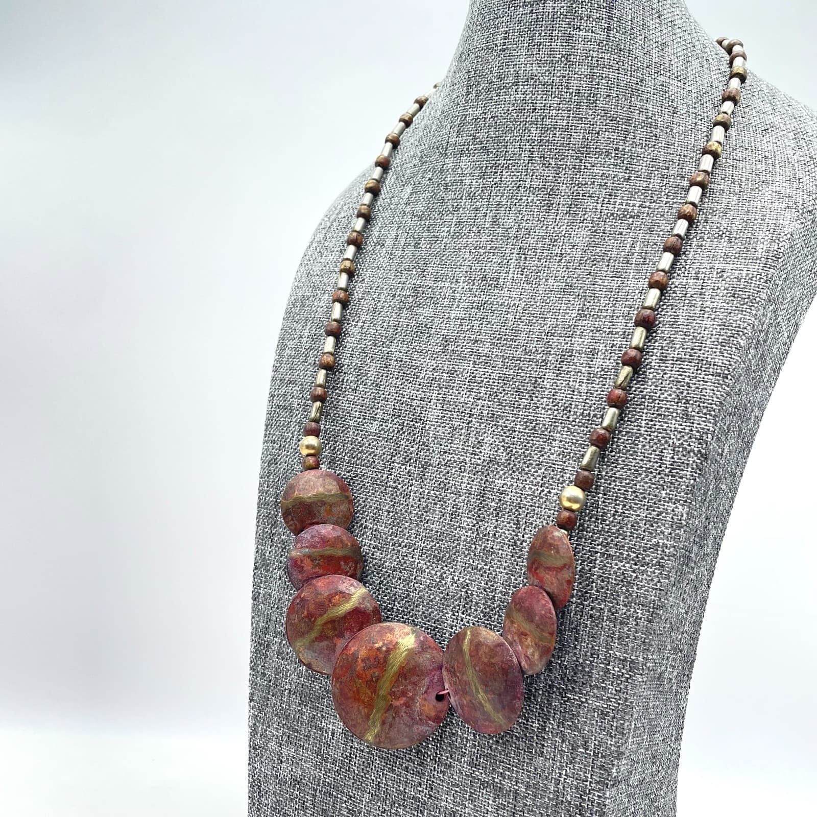 Tribal Handmade Brown Disc Shaped Jasper Beaded Statement Bib Collar Necklace - Thumbnail 6