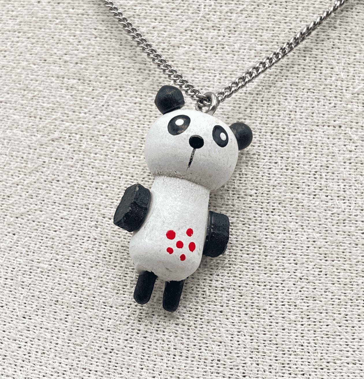 Contemporary Hand-Painted Silver-Tone Curb Chain Panda Pendant Lobster Necklace - Image 1