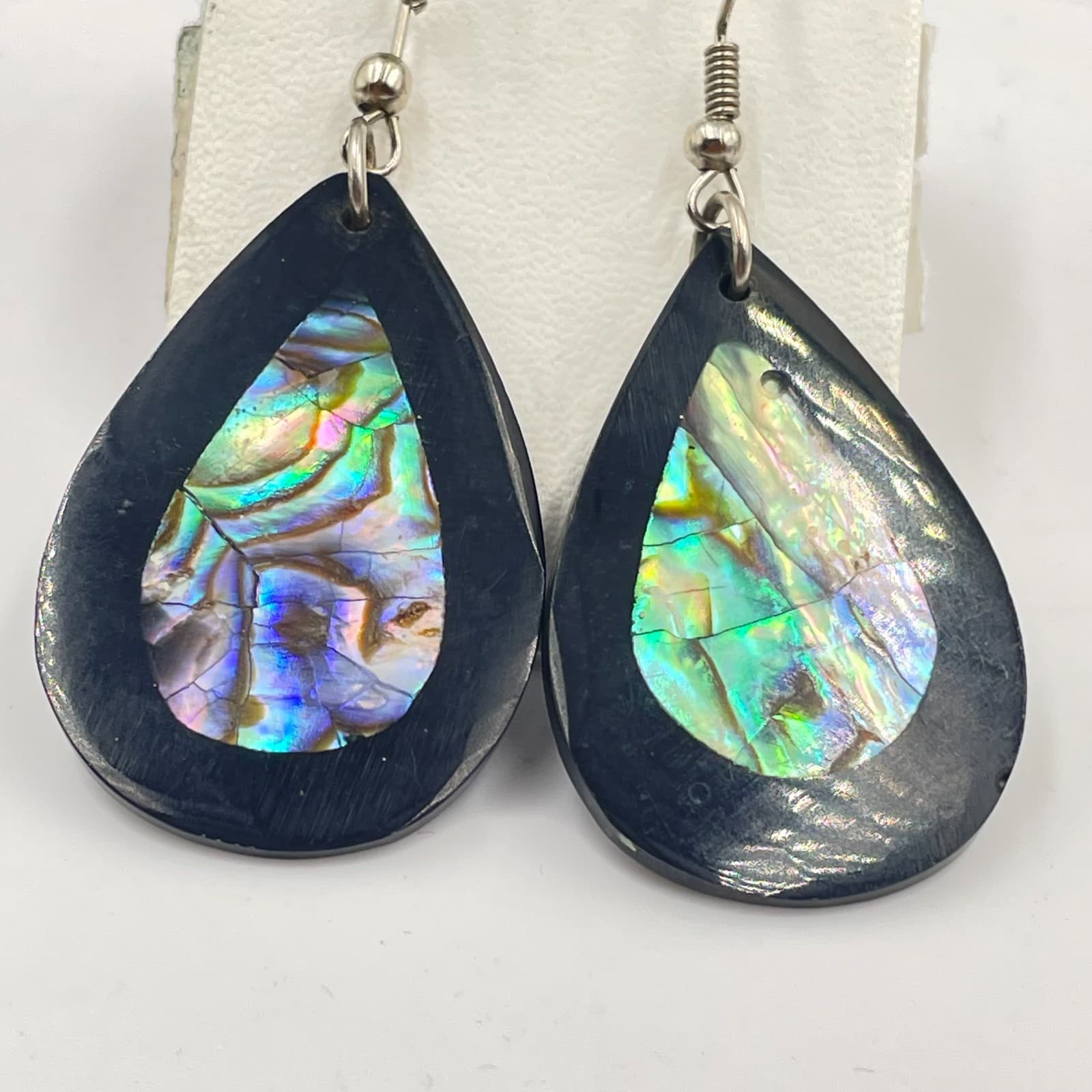 VTG Silver-Tone Iridescent Abalone Shells Inlay Teardrop Dangle Hook Earrings - Thumbnail 3