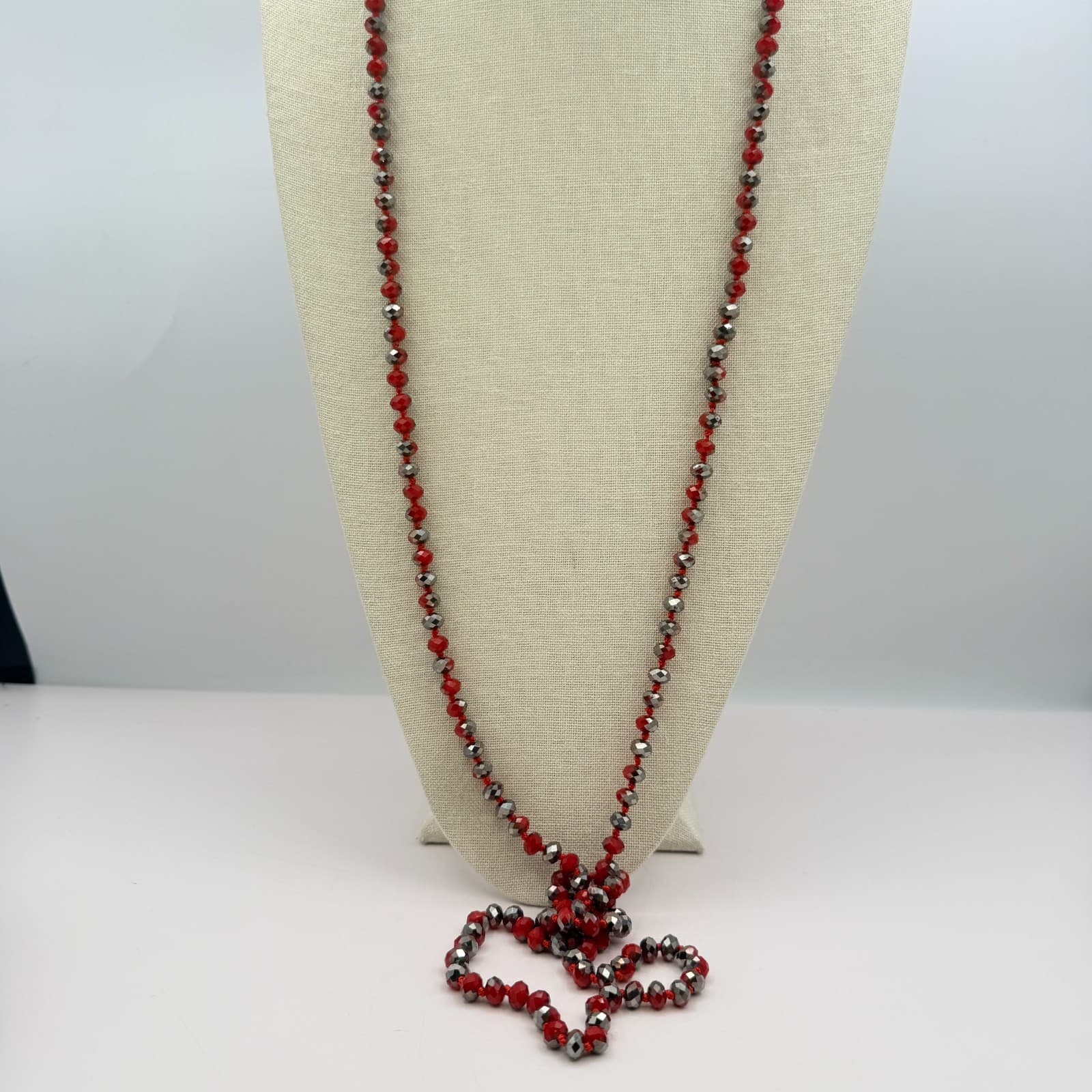 Vintage 90s Red Grey Beaded Necklace Long Flapper Knotted Women's Jewelry - Image 1