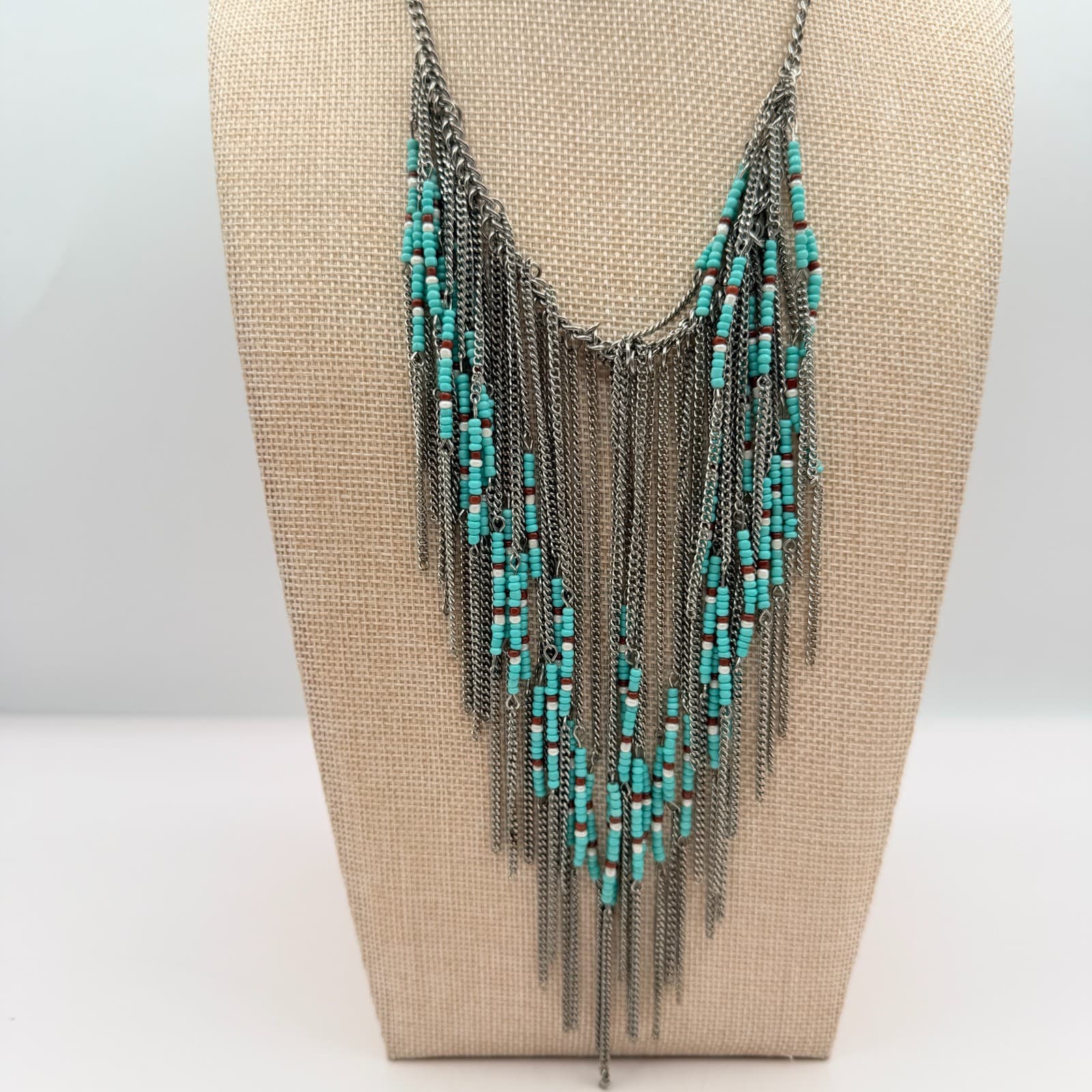 Vintage 90s Multi Strand Silver Tone Fringe Necklace Glass Beaded Boho Jewelry - Thumbnail 2